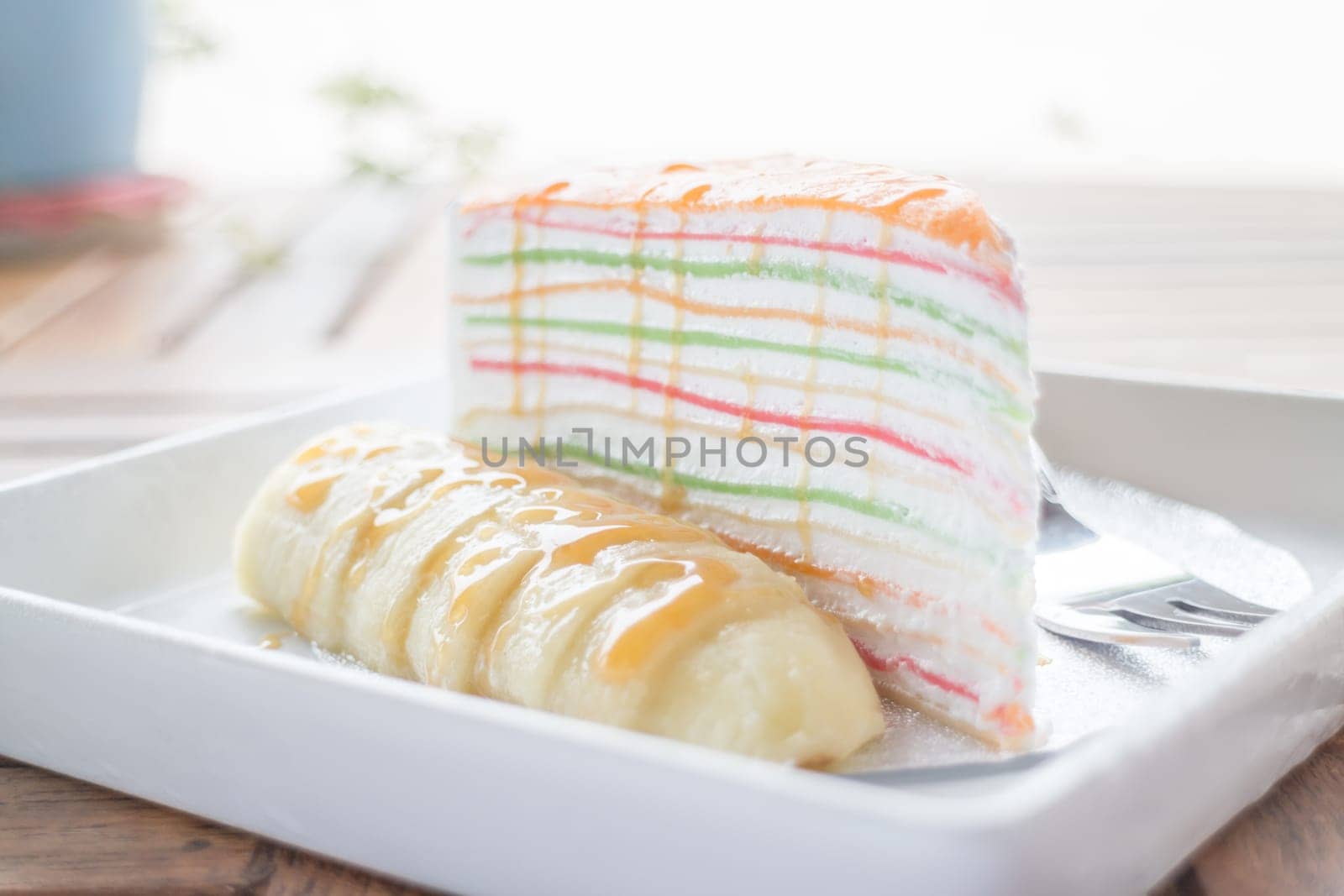 Sweet dessert of banana caramel crepe cake, stock photo