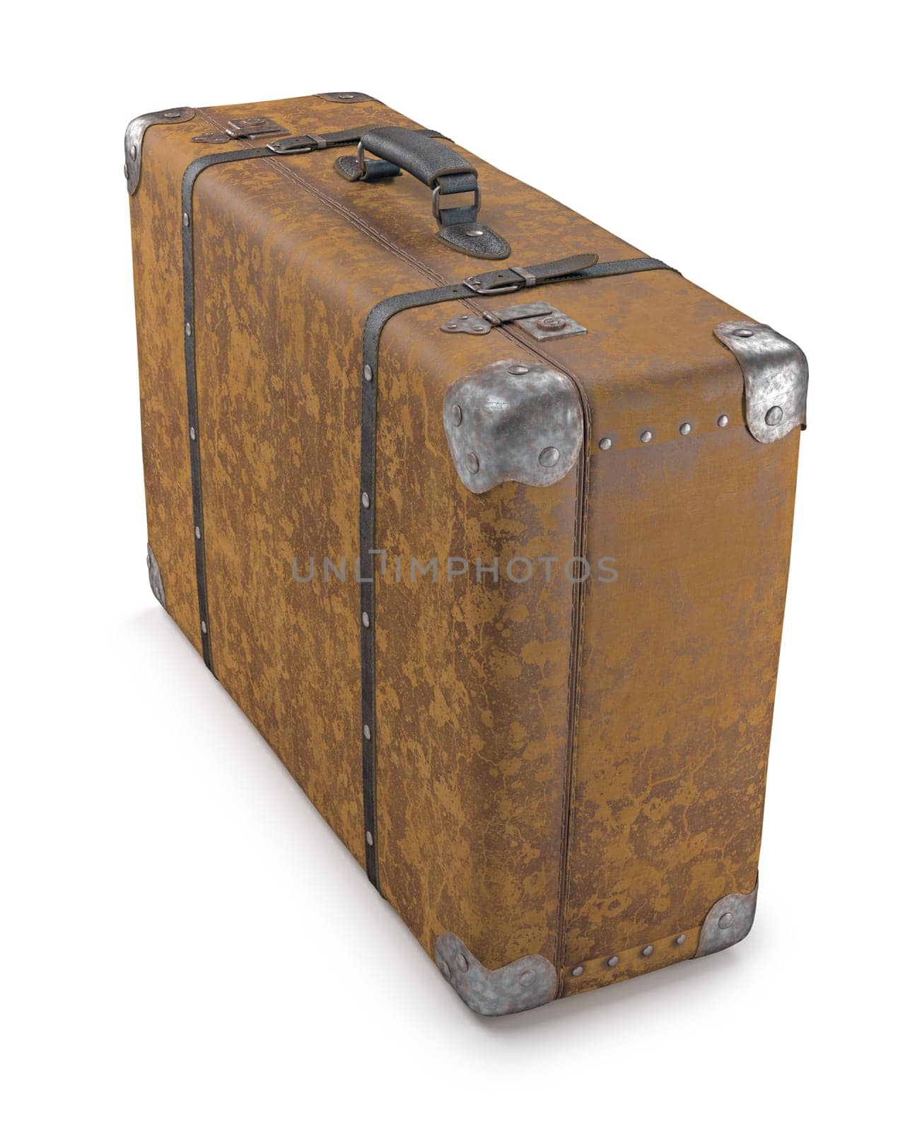 Old suitcase with wear on the surface of the leather and rust on metal. Clipping path included.