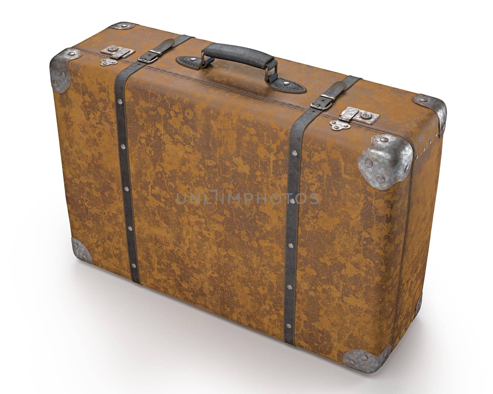 Old suitcase with wear on the surface of the leather and rust on metal. Clipping path included.