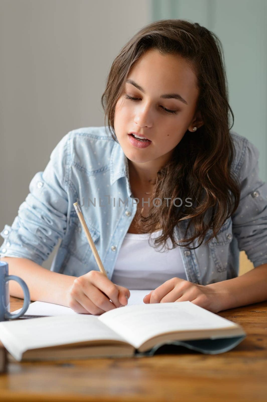 Teenage girl studying book at home writing notes concentrating