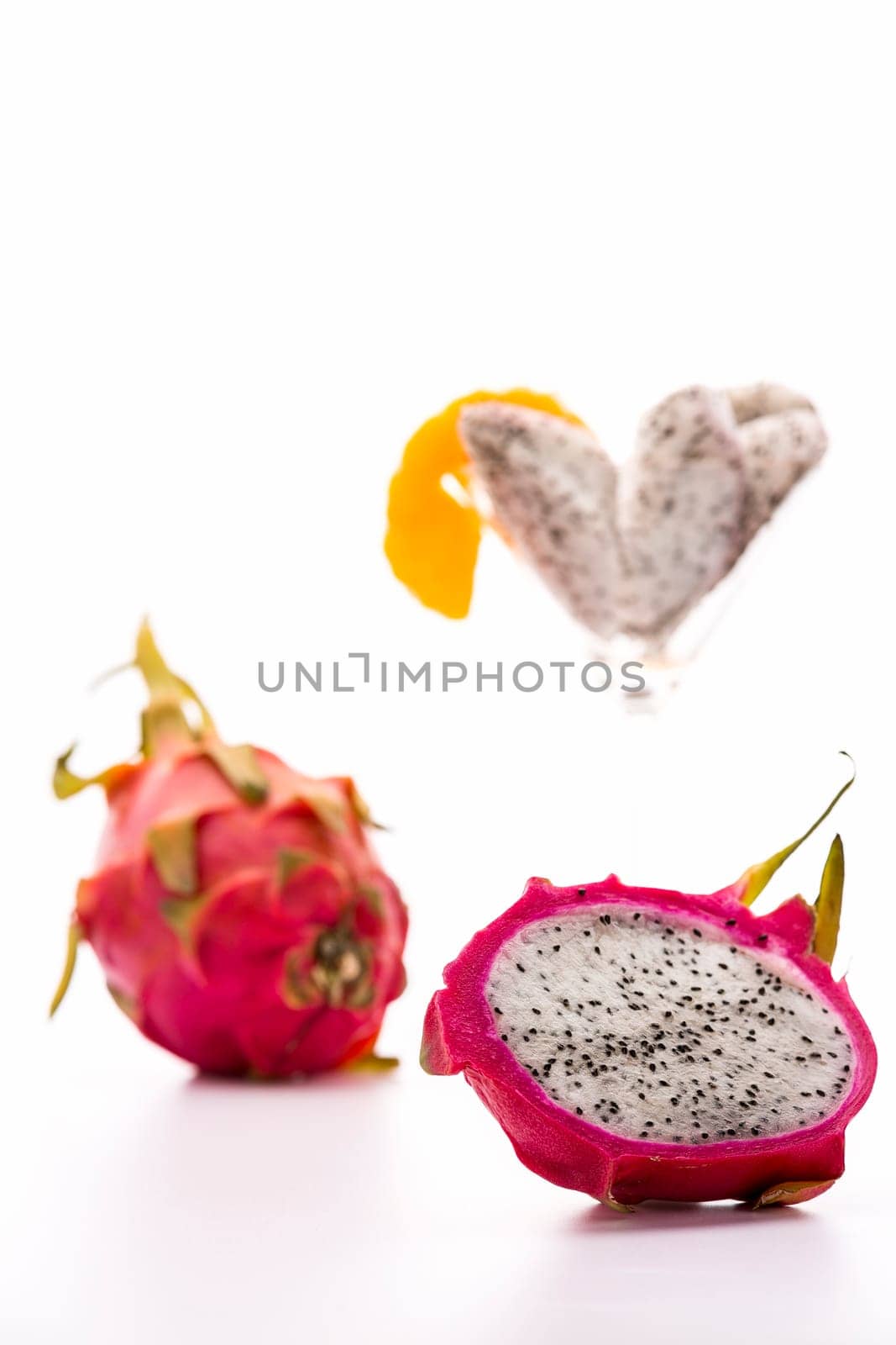 The dragonfruit has a blazing white pulp,a vibrant violet,leathery skin and a mild aroma reminiscent of the kiwi fruit. Serve chilled as a refreshing desert..