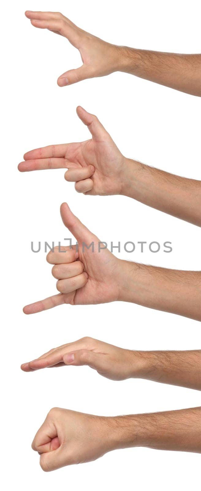 Different male hand signs. Isolated on white background
