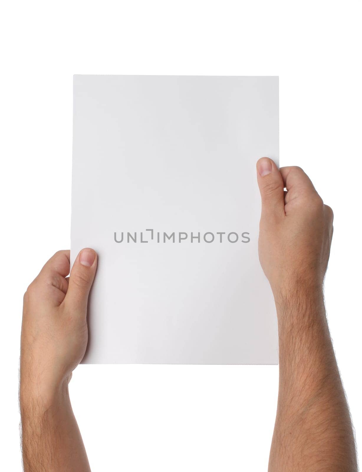Male hands holding blank paper isolated on white background