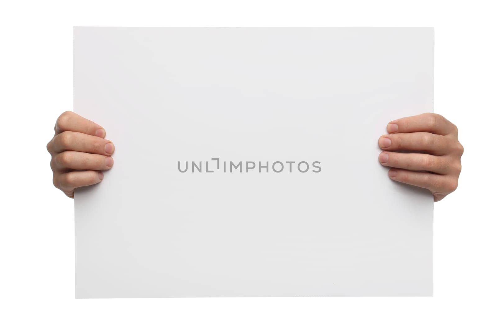 Male hands holding blank paper isolated on white background