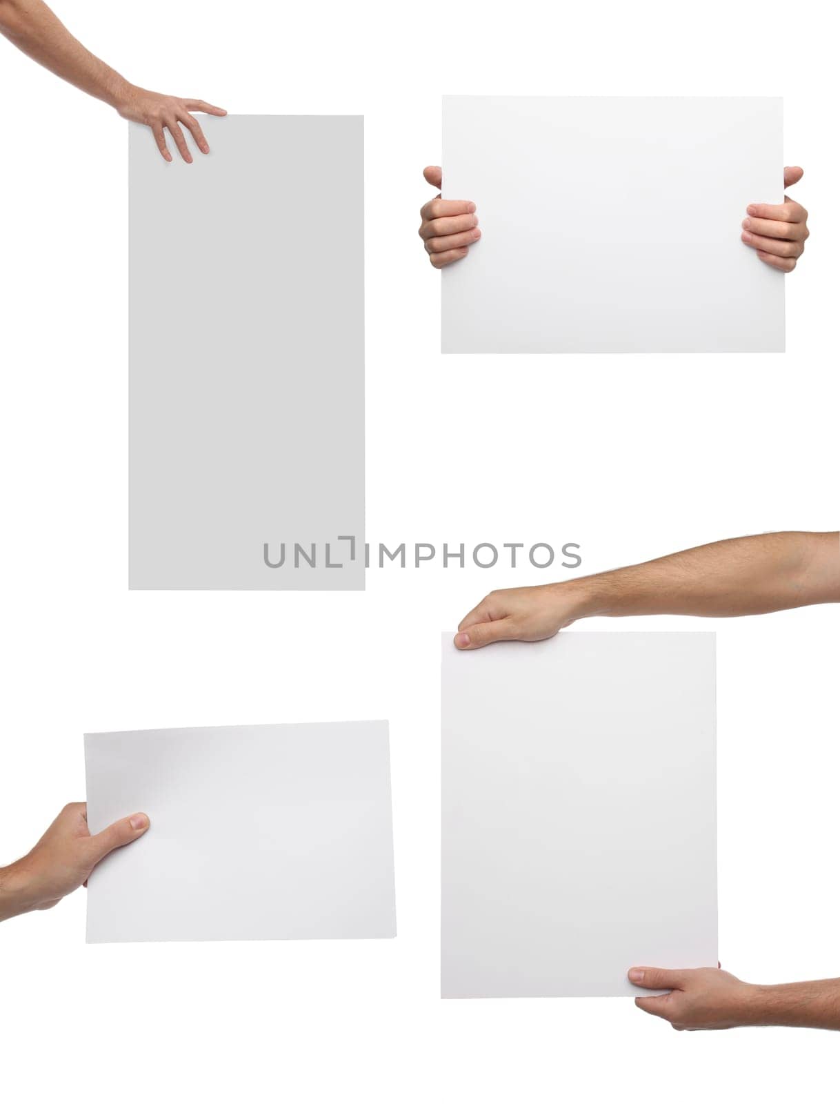 Collection of hand holding blank paper isolated on white background