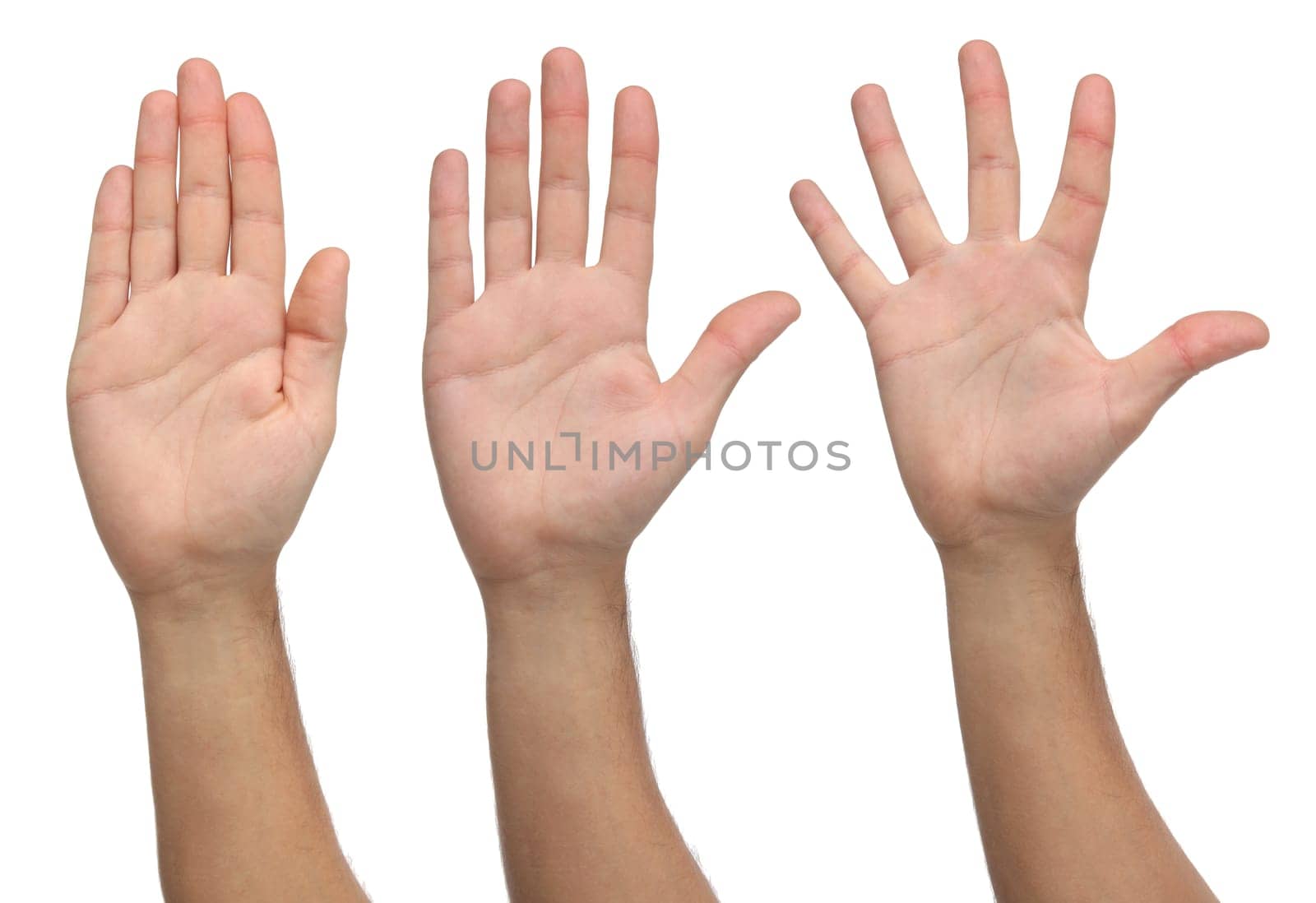 Three open hands on differents possitions. Isolated on white background