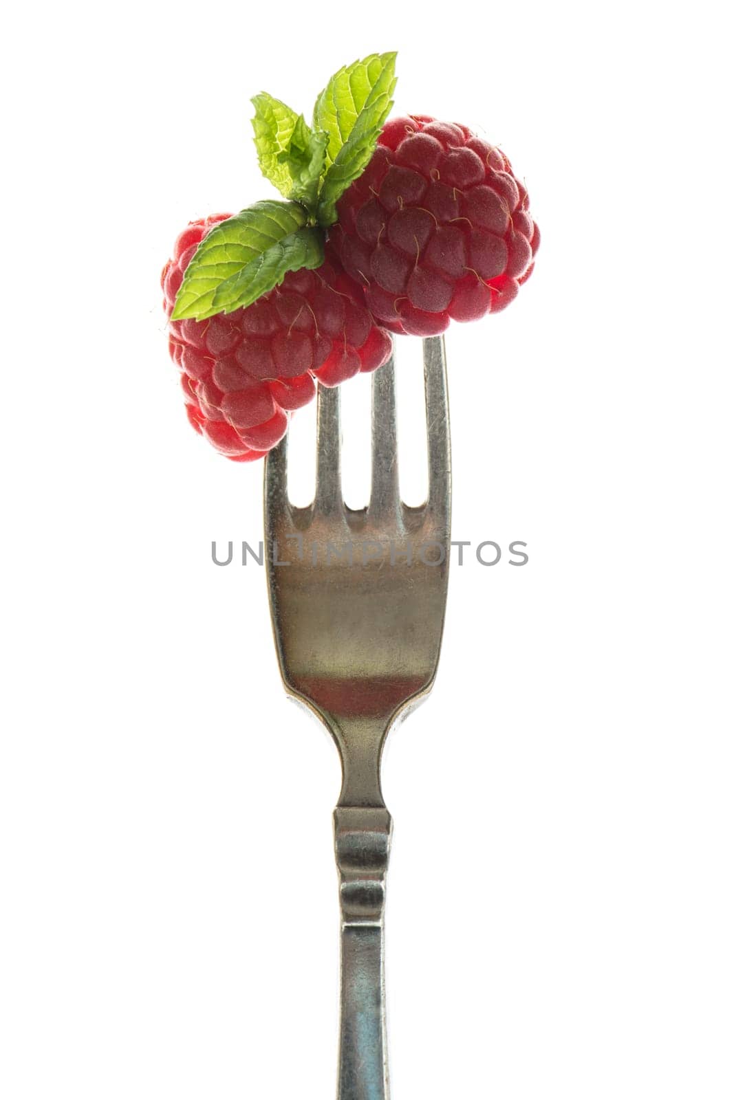 Raspberries with peppermint on a fork in the backlight
