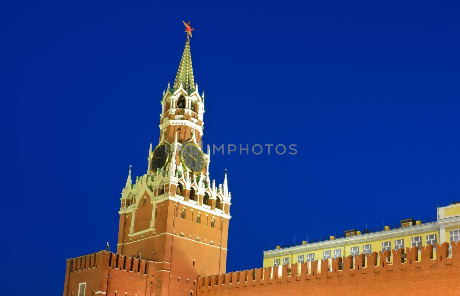 Spasskaya tower or Savior's tower of Moscow Kremlin in summer night, Russia