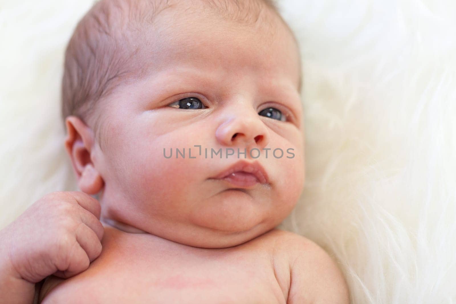 Little baby toddler newborn naked on a white fur as Detal