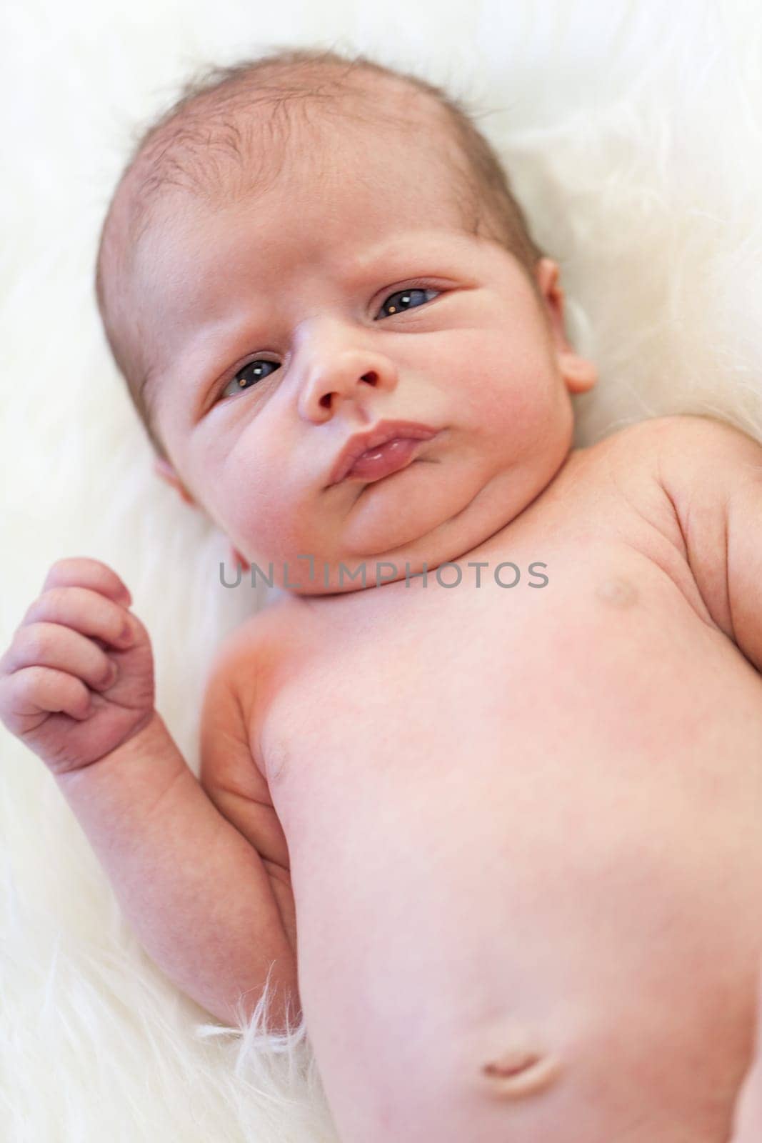 Little baby toddler newborn naked on a white fur as Detal