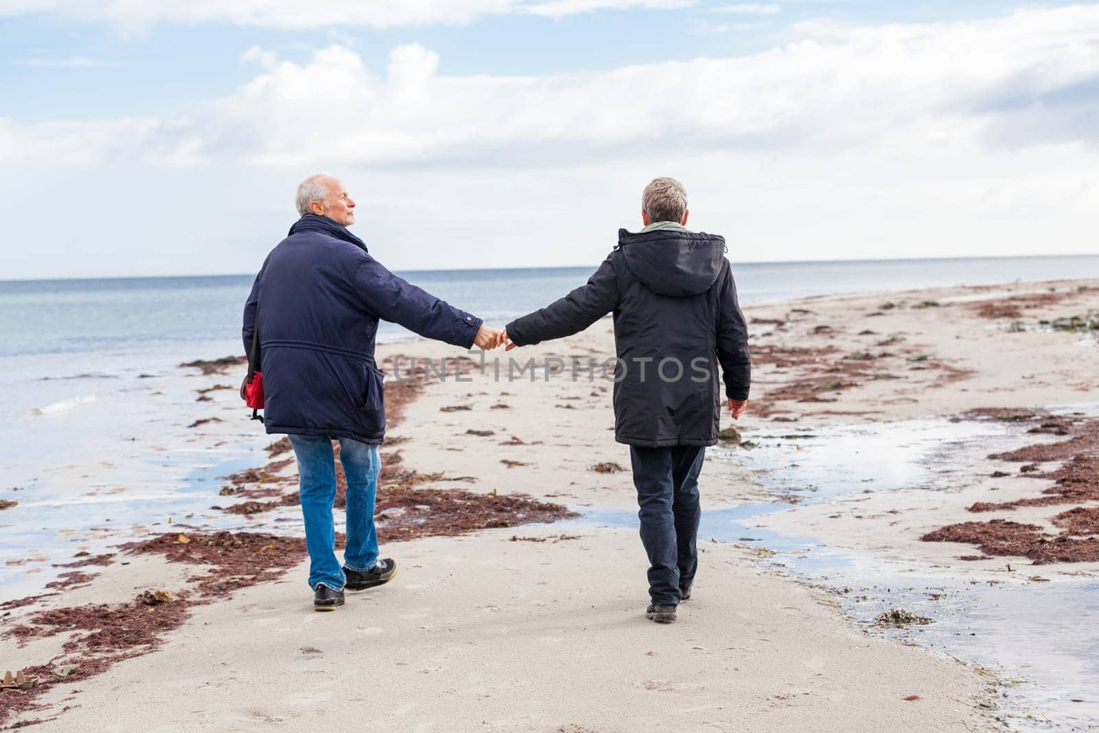 older adult happy couple walks on the beach in autumn lifestyle happiness