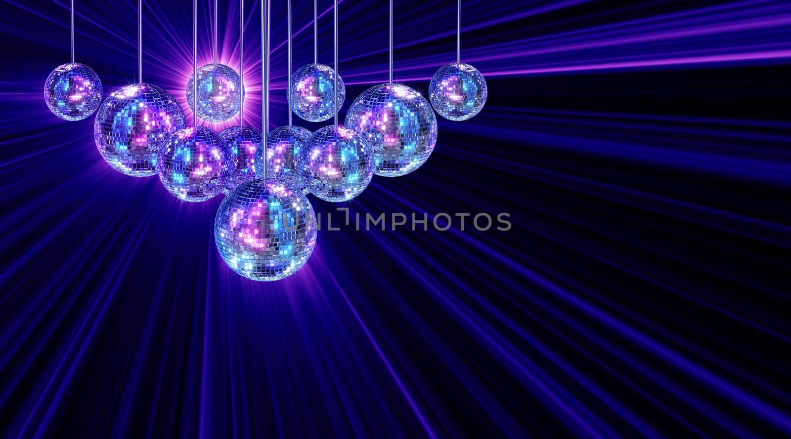Colorful funky background with mirrored glitter disco balls for party