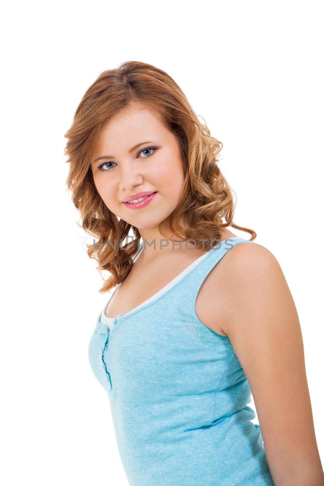 Blonde girl teen with blue eyes and blue shirt laughing portrait isolated