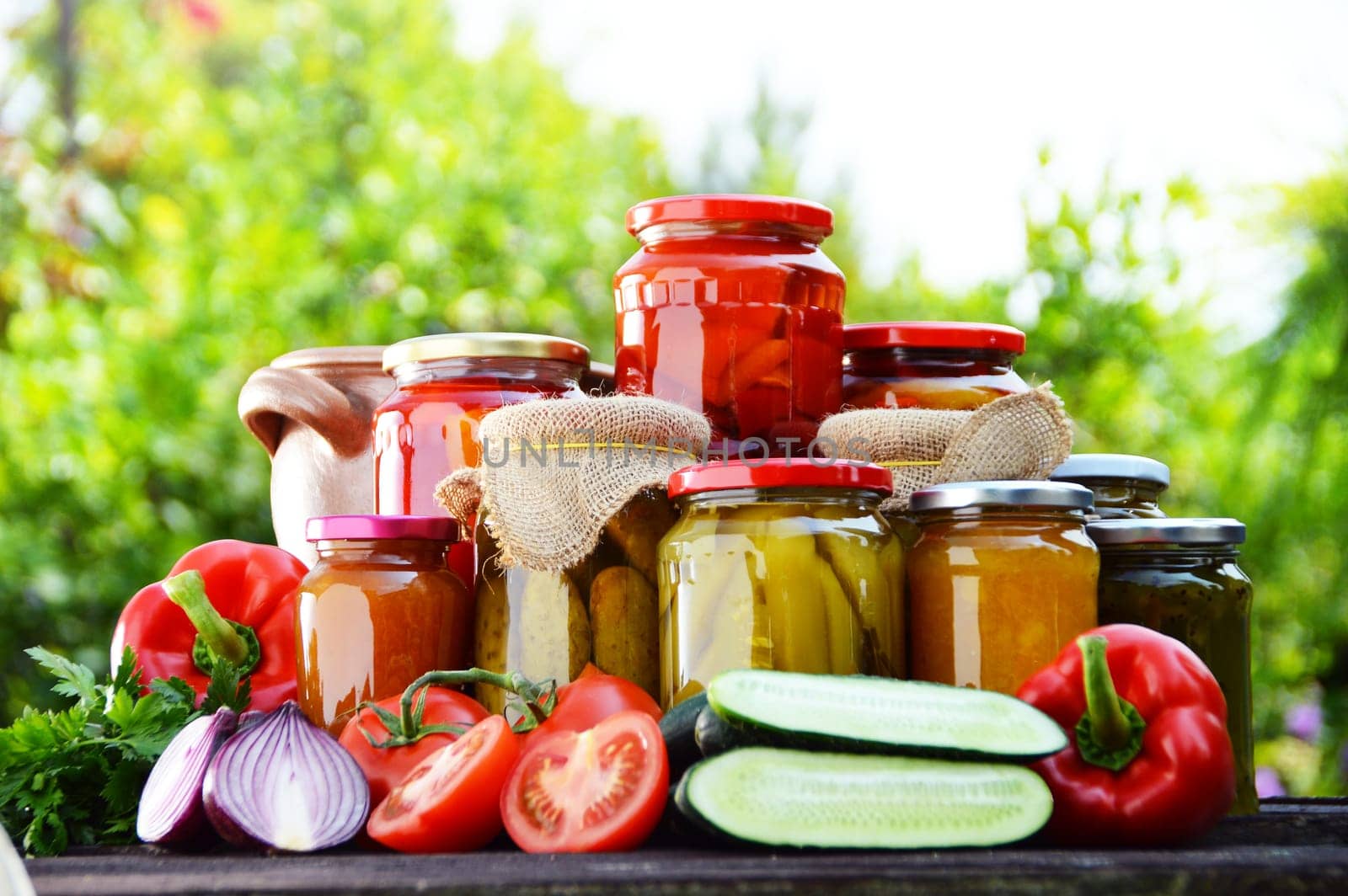 Jars of pickled vegetables in the garden. Marinated food.
