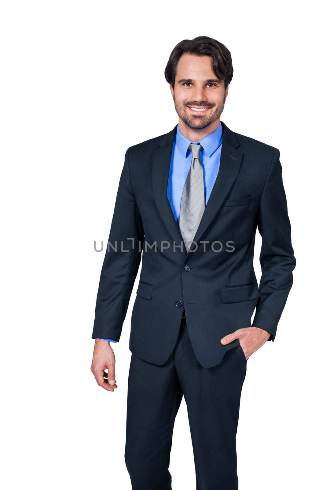 Self-proclaimed young businessman with suit dark hair and beard isolated against white background