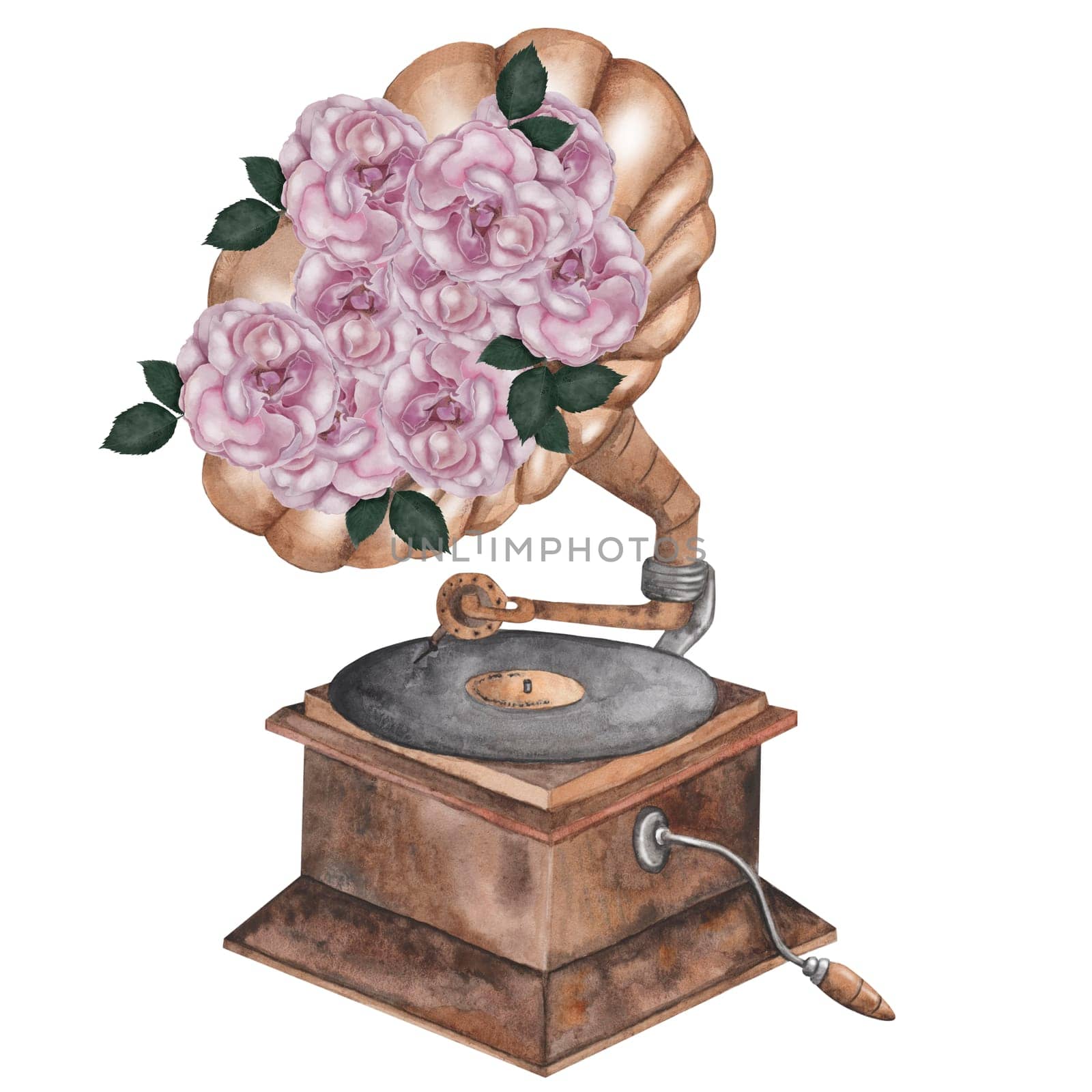 Gramophone watercolor. Postcard with a musical instrument and with flowers of roses. Hand drawn isolated on white background. For invitations and cards for Music Day, International Dance and Cultural Worker Day. Vintage musical instruments