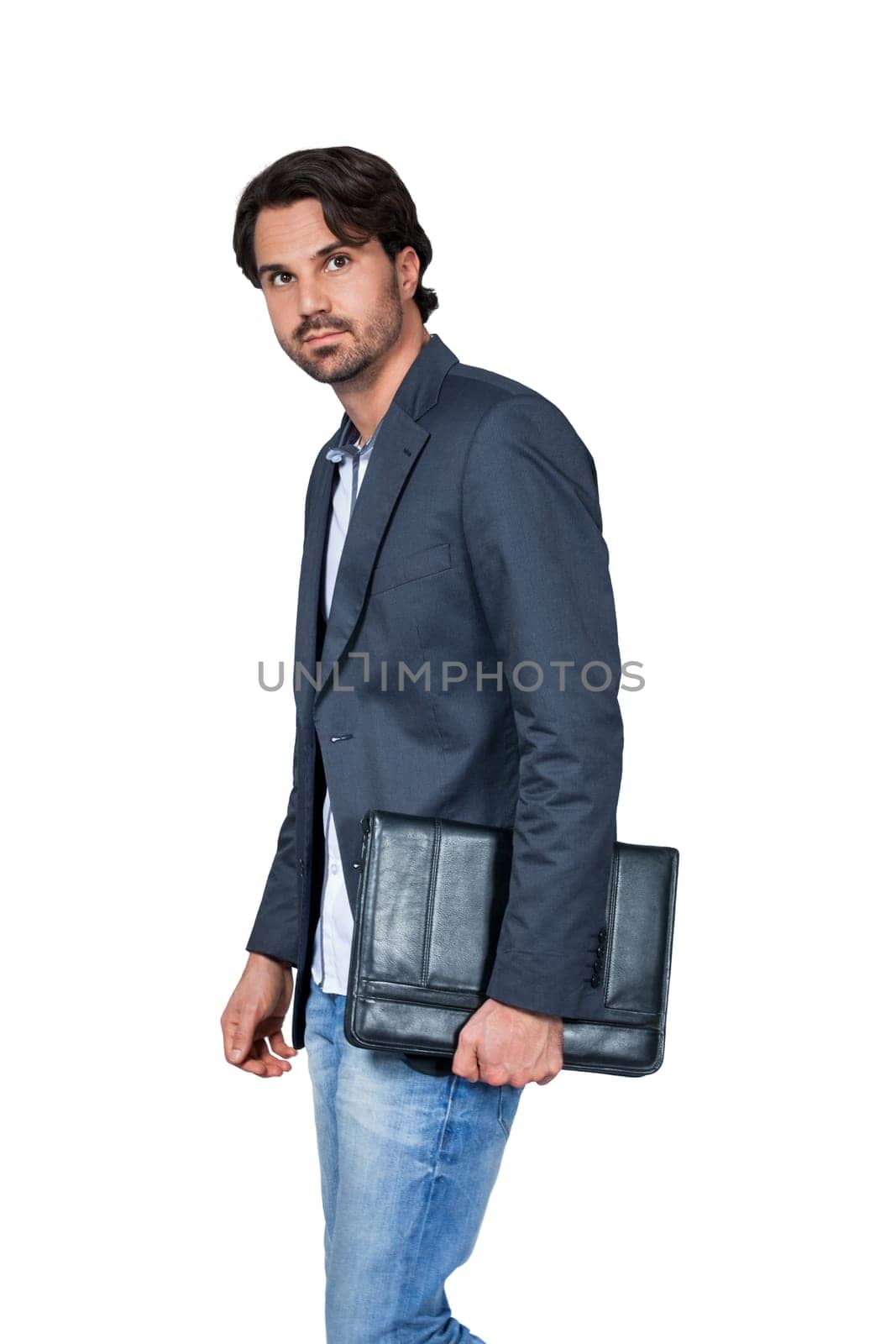 Stylish young man with dark hair and beard successfully isolated against white background