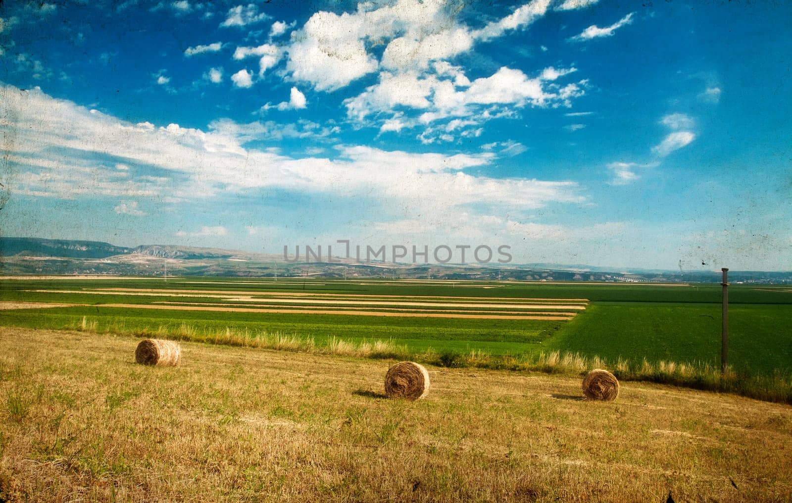 Vintage photo of hay-roll on field after harvest