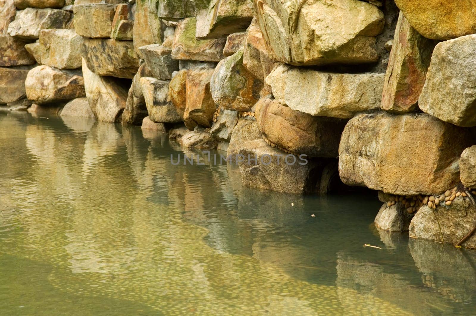 The stone wall of back yard pond