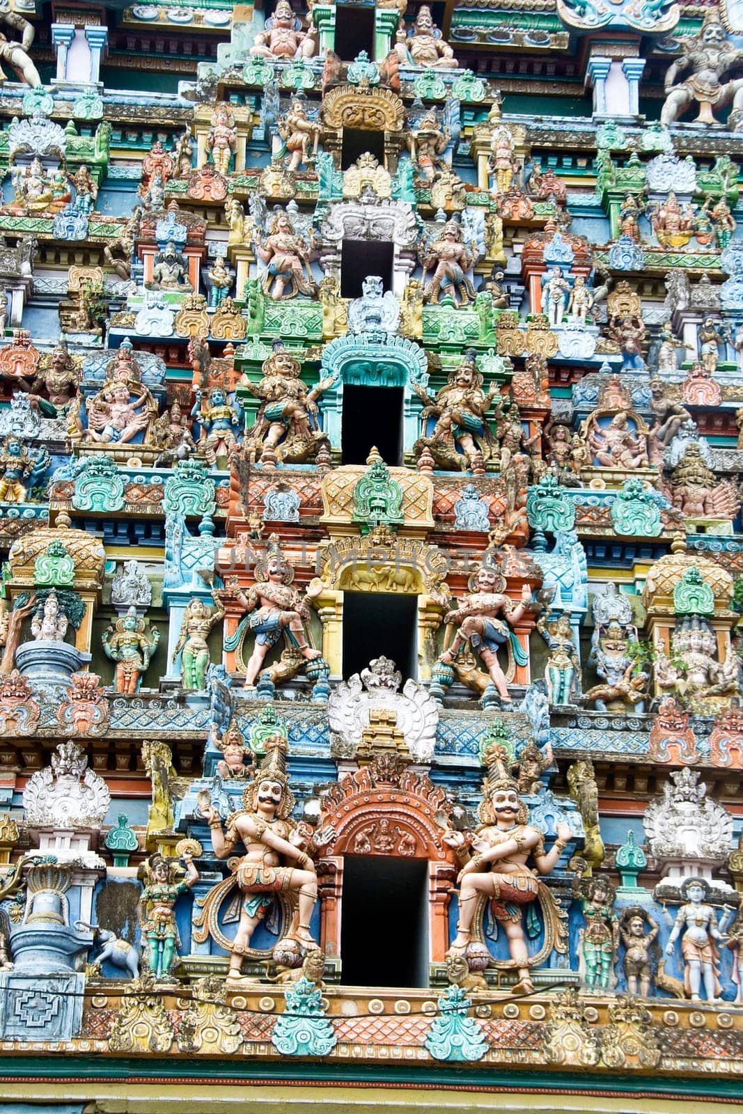 Details of exquisite, colorful sculpture on tower Jambkeshwara Temple, Tiruchirapalli, Tamil Nadu, India, Asia