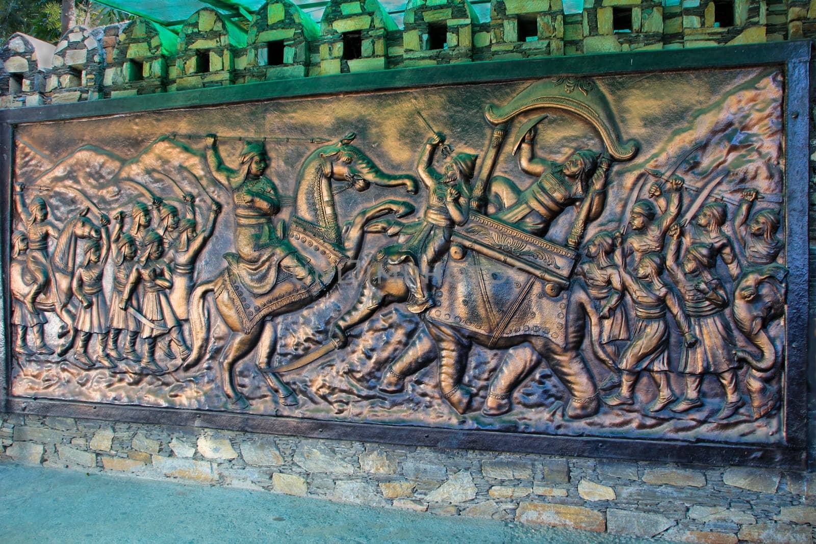 Panel depicting the Great War of Haldighat on wall at entrance of Maharana Pratap Museum at Haldighat, Rajasthan, India, Asia