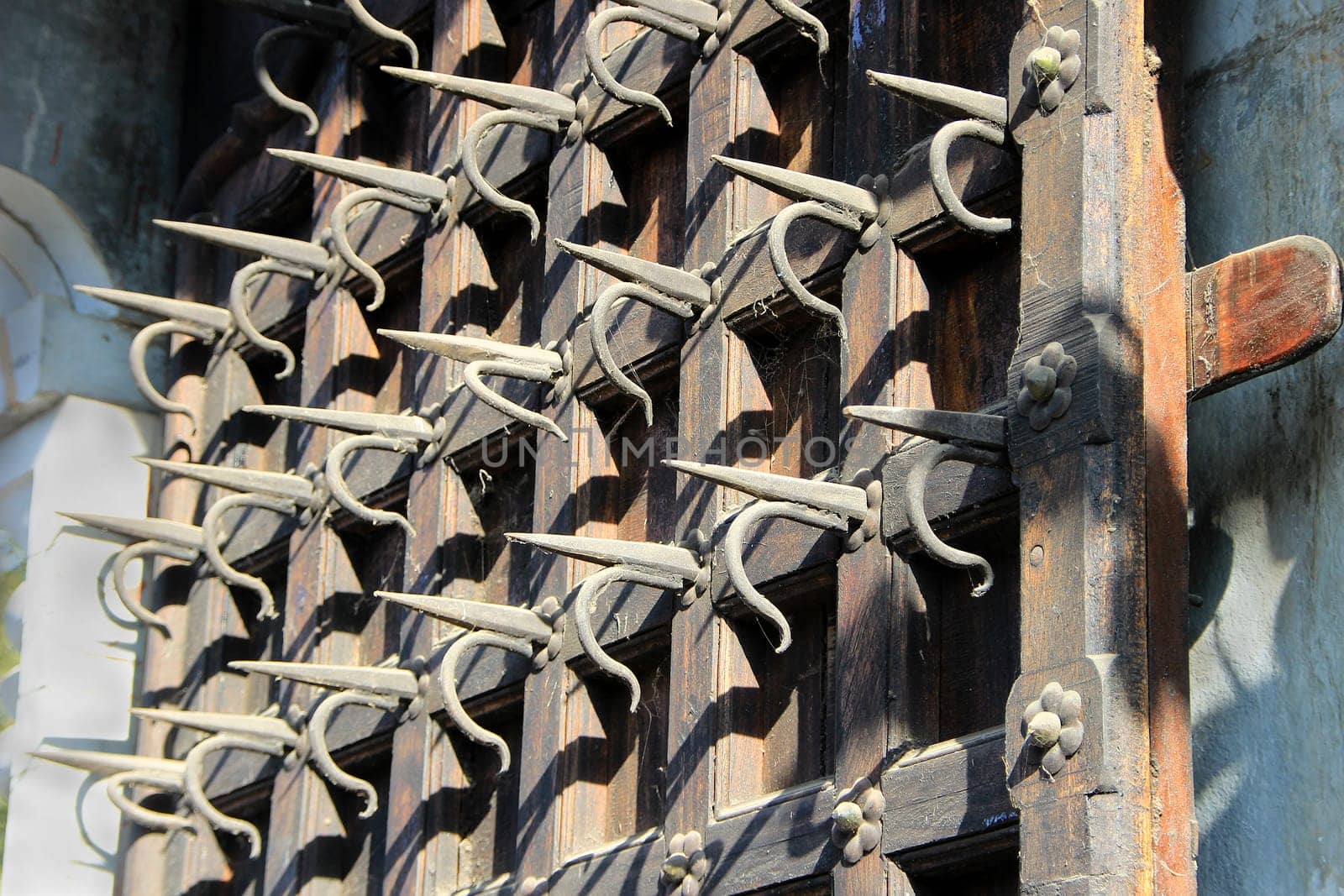 Entry door fixed with sharp spears to prevent easy intrusion by enemy at Maharana Pratap Museum at Haldighat, Rajasthan, India, Asia