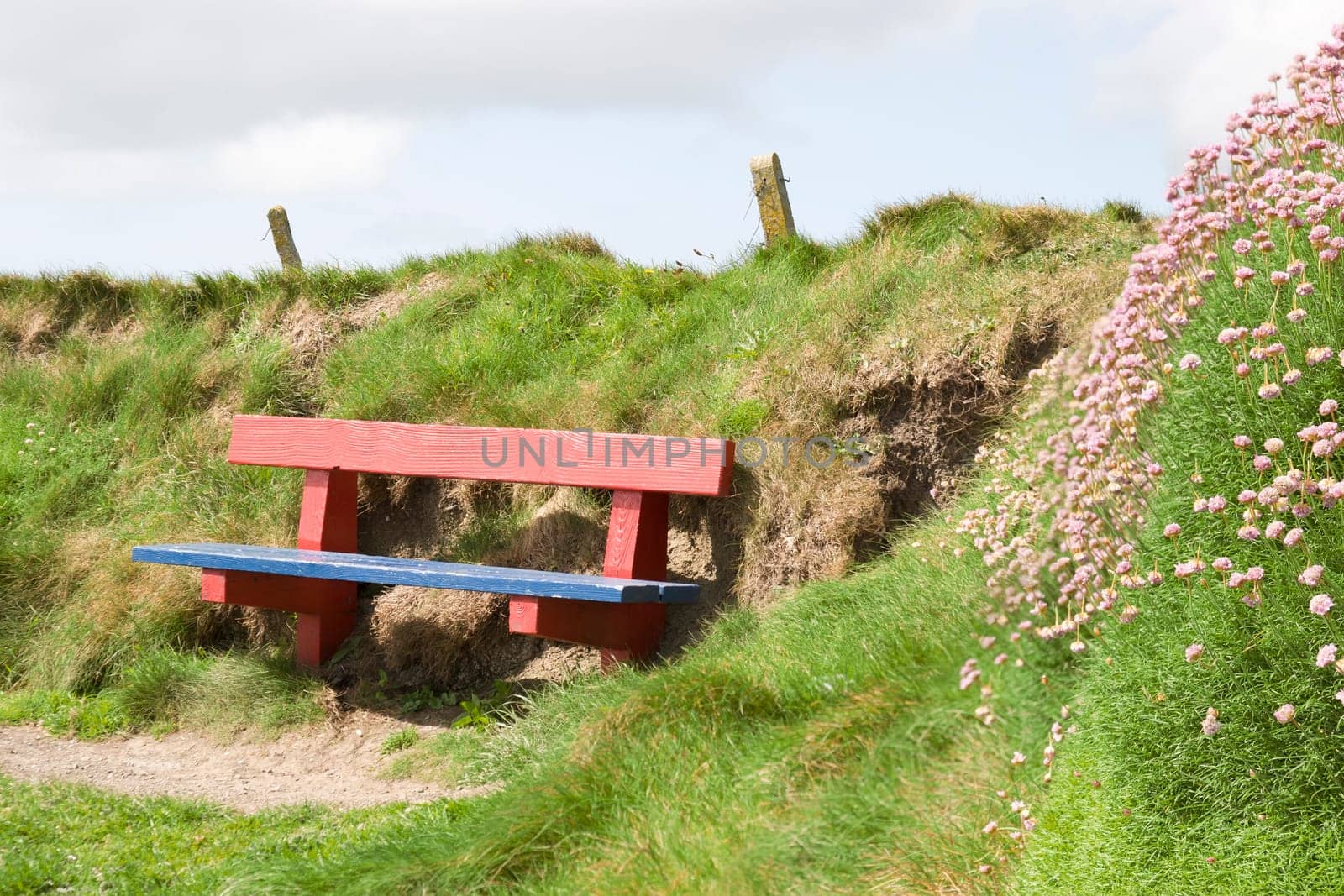 red and blue bench positioned at the edge on top of a cliff