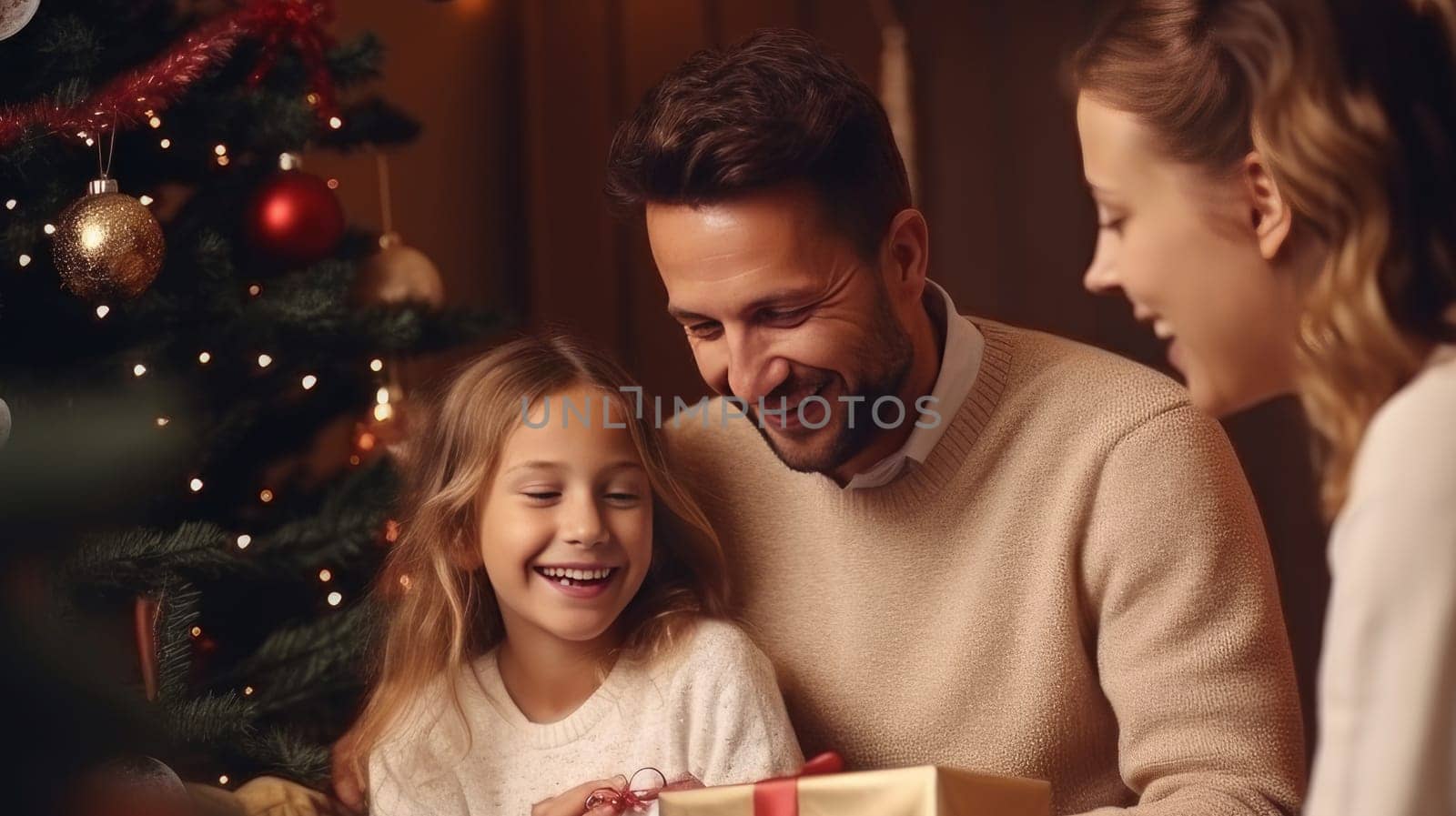 Happy children and satisfied parents open Christmas gifts. Merry Christmas and Merry New Year concept