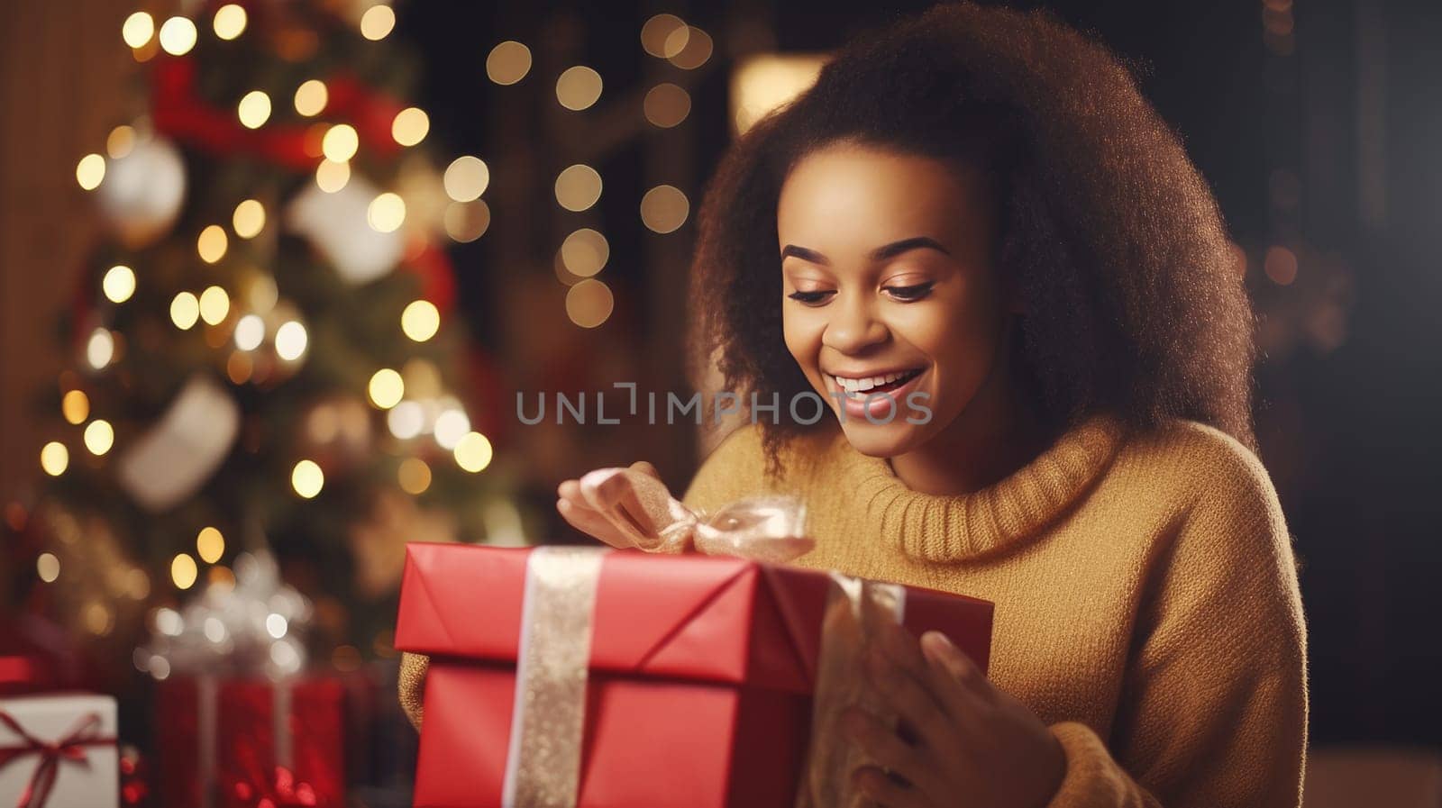 Happy dark-skinned girl opens Christmas gifts. Merry Christmas and Merry New Year concept. by Alla_Yurtayeva