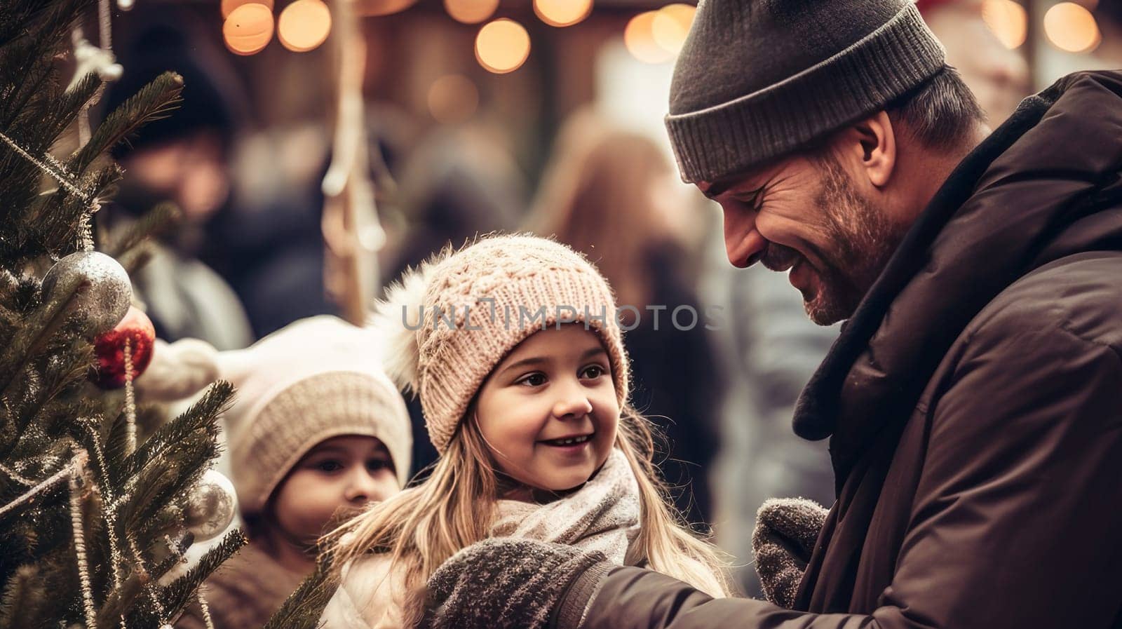 Happy father and children walk near the Christmas tree. Merry Christmas and Merry New Year concept