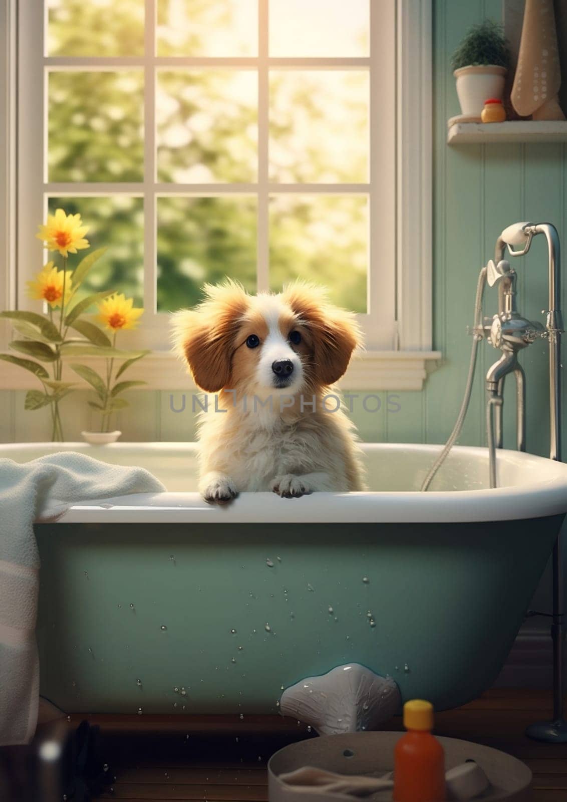 Animal dog hygiene adorable bathing shampoo cute bathtub tub wash puppy clean shower wet pets friend water grooming bathroom indoor funny home