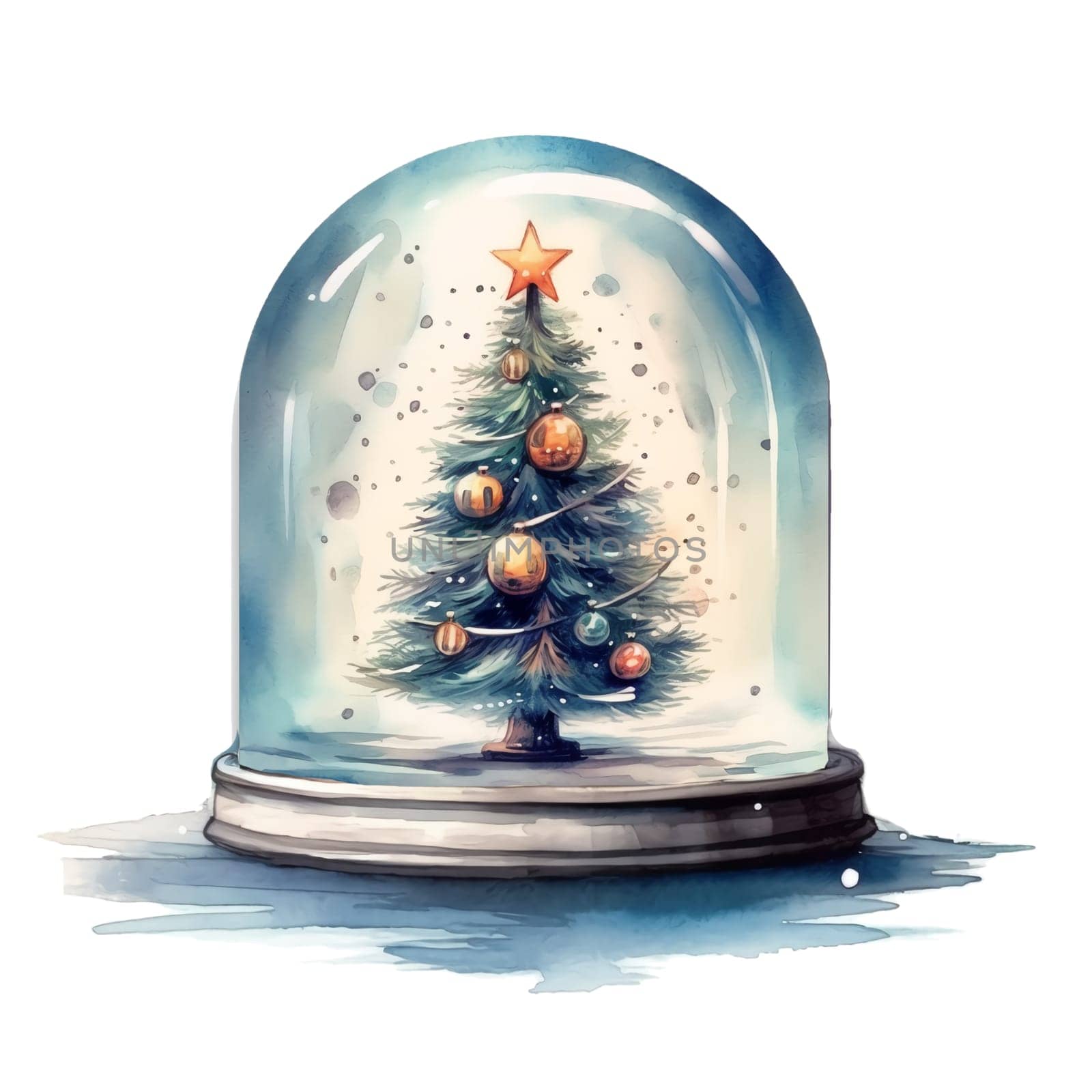 Watercolor Christmas Glass Cloche. Christmas SnowGlobe Clipart, Cozy Winter Clipart. AI Generated.