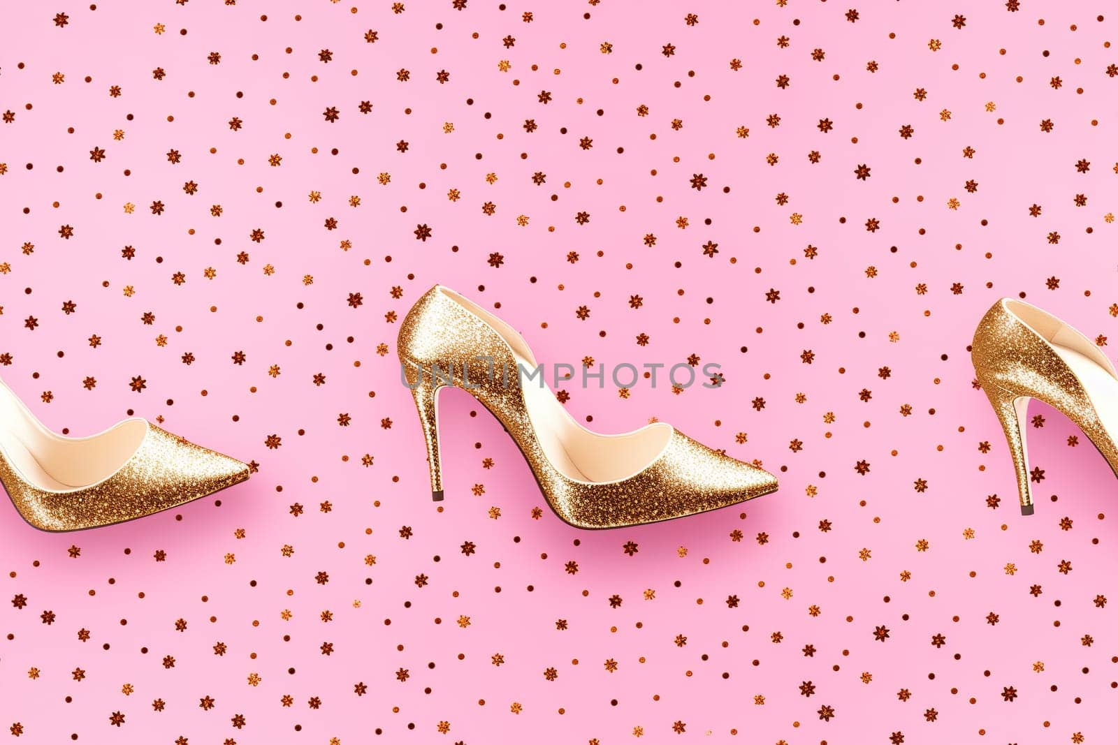 Pink seamless pattern with glitter and women high heels. Applicable for fabric print, textile, wrapping paper, wallpaper. Trendy background with woman's accessories. Repeatable texture. Generative AI