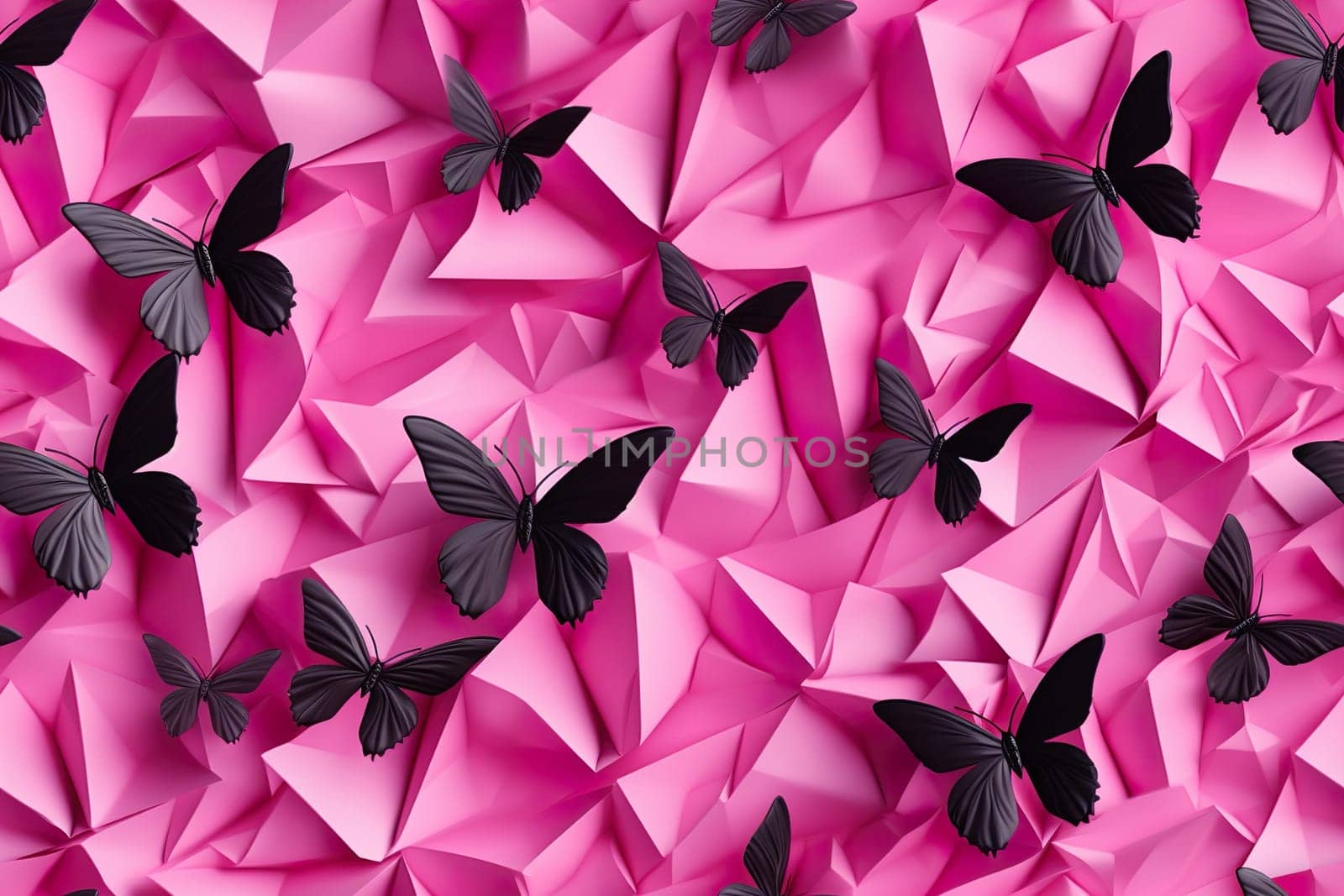 Magenta seamless pattern with black butterflies. Applicable for fabric print, textile, wrapping paper, wallpaper. Modern, fashionable background. Woman's Day. Repeatable texture. Generative AI