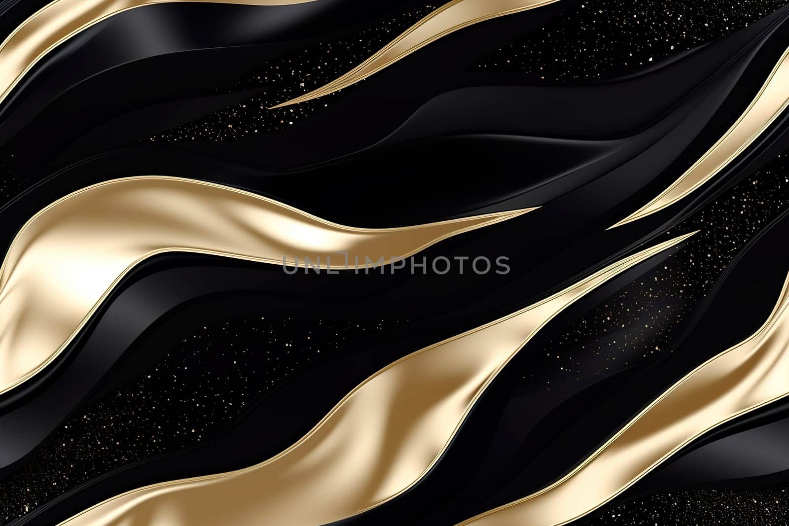 Black seamless pattern with abstract waves. Applicable for fabric print, textile, wrapping paper, wallpaper. Dark background with golden splines. Repeatable texture. Generative AI. by creativebird