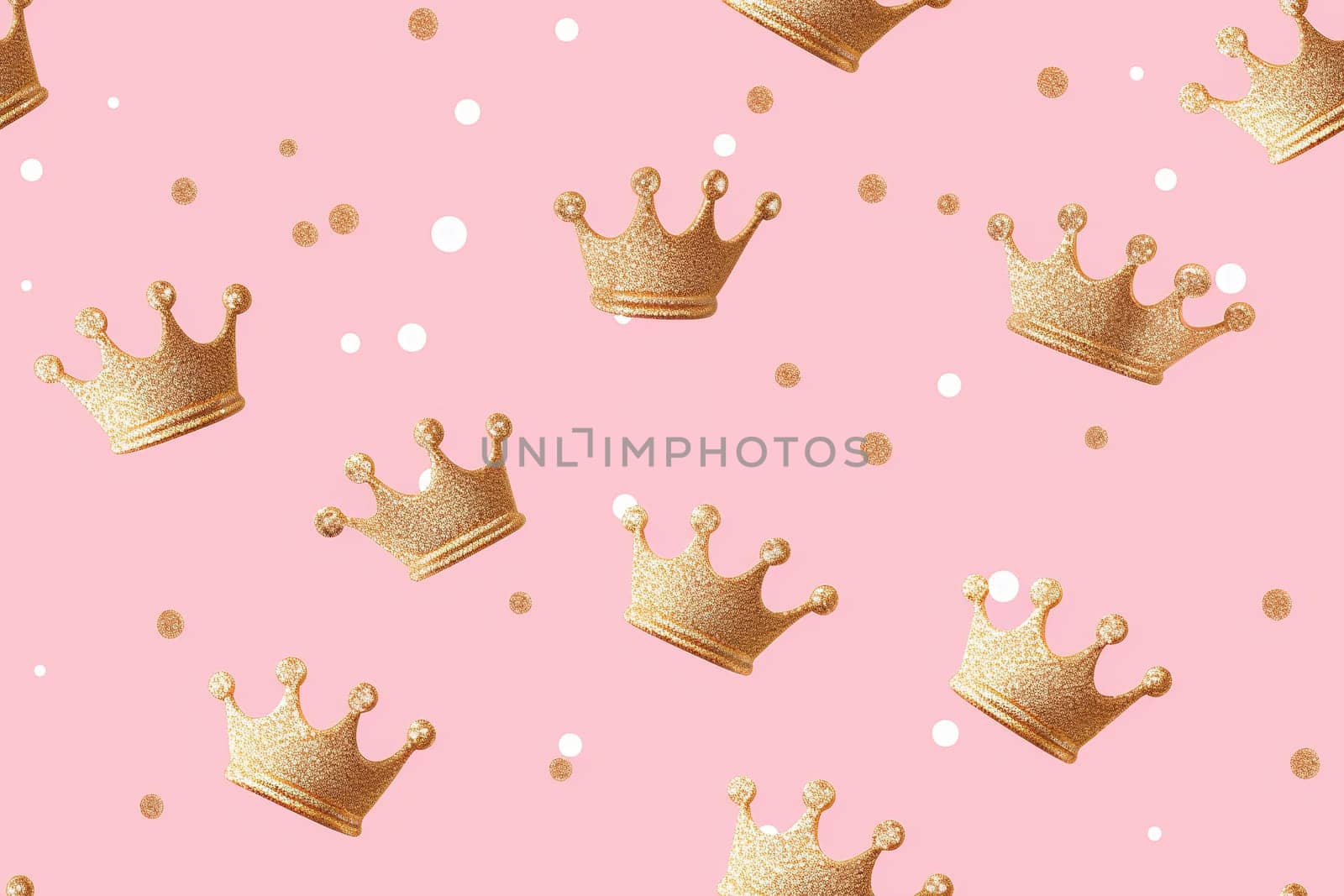 Pink seamless pattern with glitter and golden crowns. Applicable for fabric print, textile, wrapping paper, wallpaper. Trendy background, girls, fashion. Repeatable texture. Generative AI. by creativebird