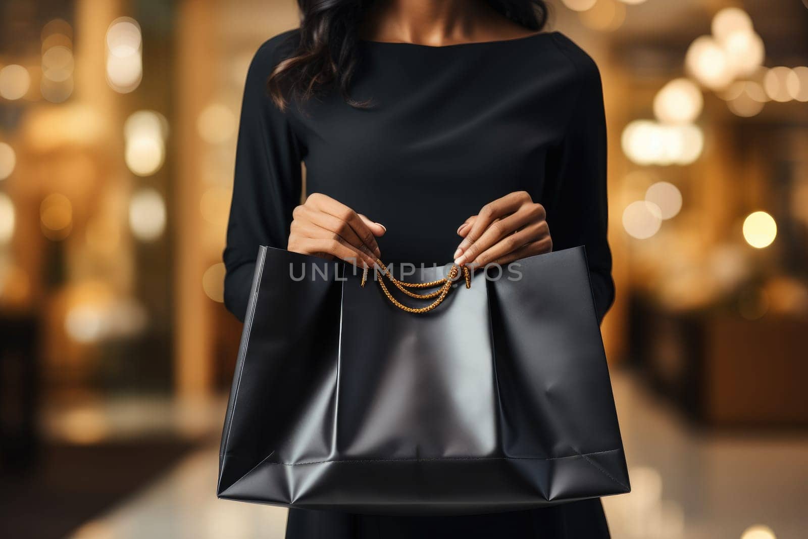 Woman in a black dress holding shopping bags. Black Friday. Generative AI by itchaznong