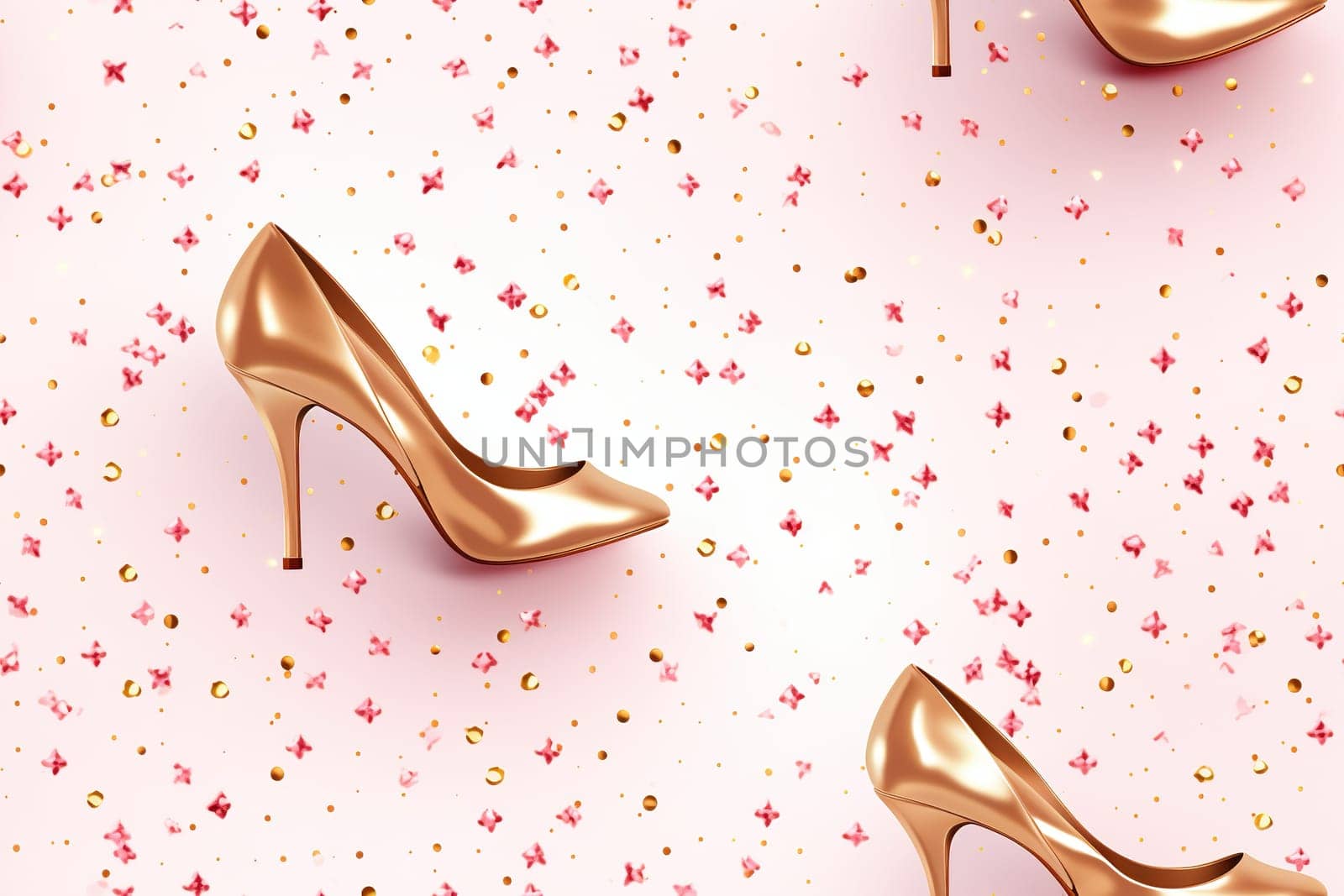 Pink seamless pattern with glitter and women high heels. Applicable for fabric print, textile, wrapping paper, wallpaper. Trendy background with woman's accessories. Repeatable texture. Generative AI. by creativebird