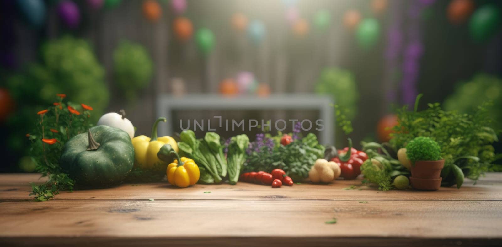 Fresh organic vegetables on wood table in the garden by Zakharova