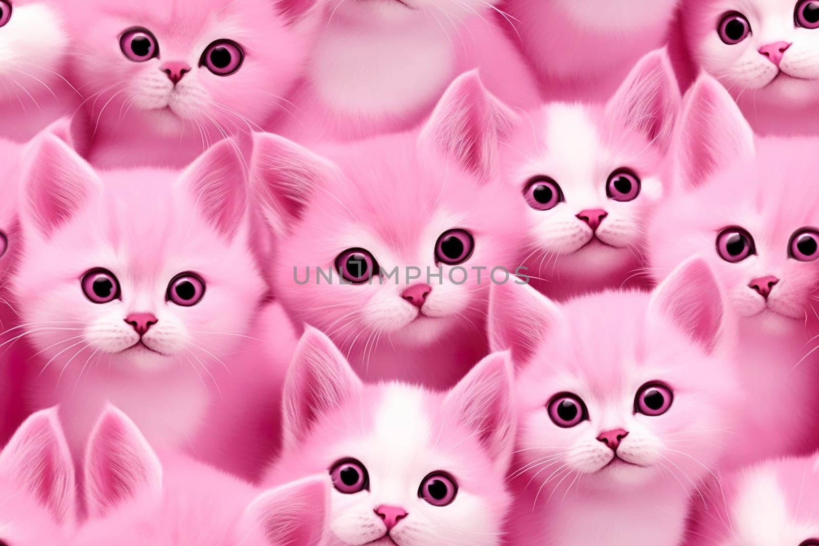 Pink seamless pattern with fluffy kitties. Applicable for fabric print, textile, wrapping paper, wallpaper. Cute background with cats. Girls style. Repeatable texture. Generative AI