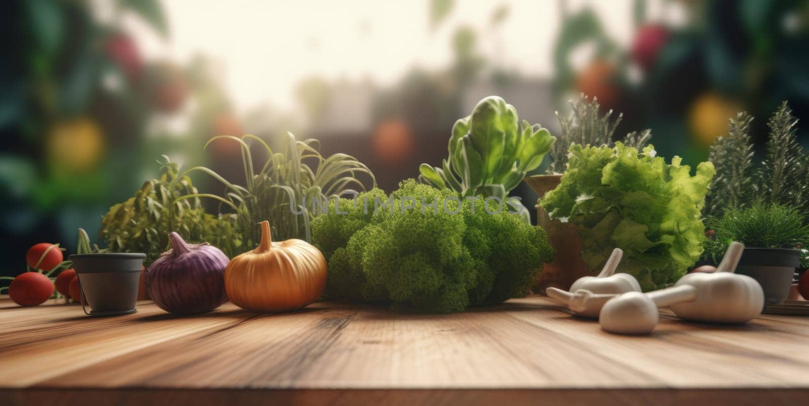 Fresh organic vegetables lie on wood table in the garden.