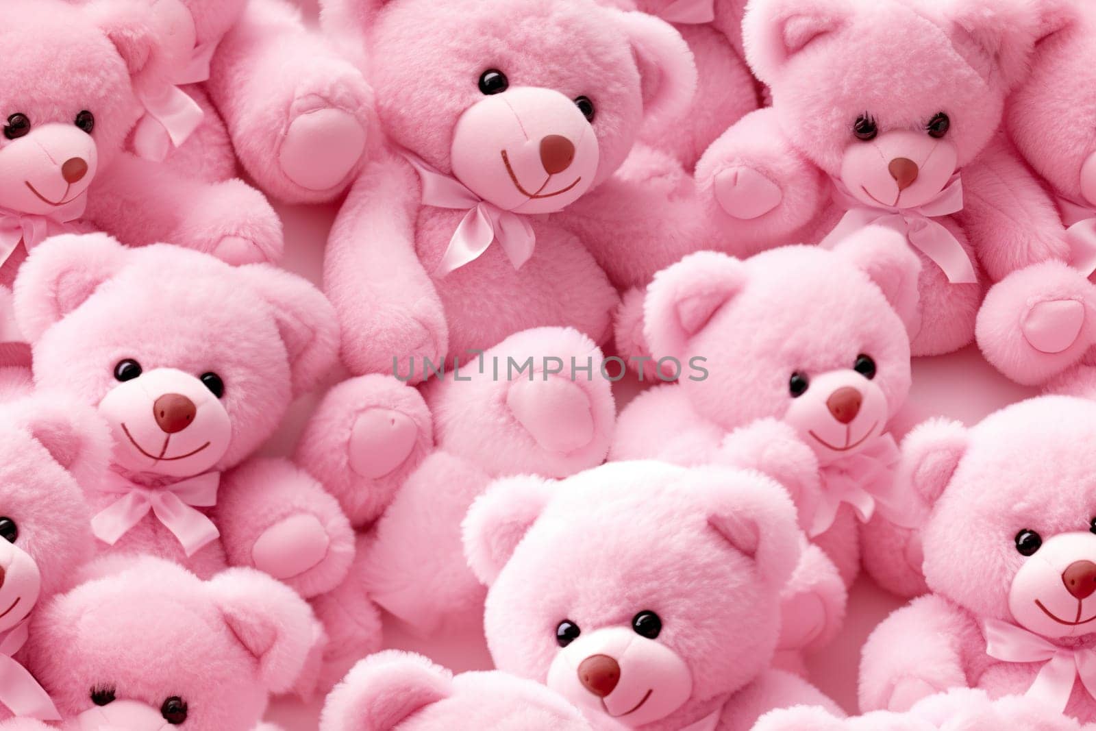 Pink seamless pattern with fluffy teddy bears. Applicable for fabric print, textile, wrapping paper, wallpaper. Cute background with girls plush toys. It's a girl. Repeatable texture. Generative AI