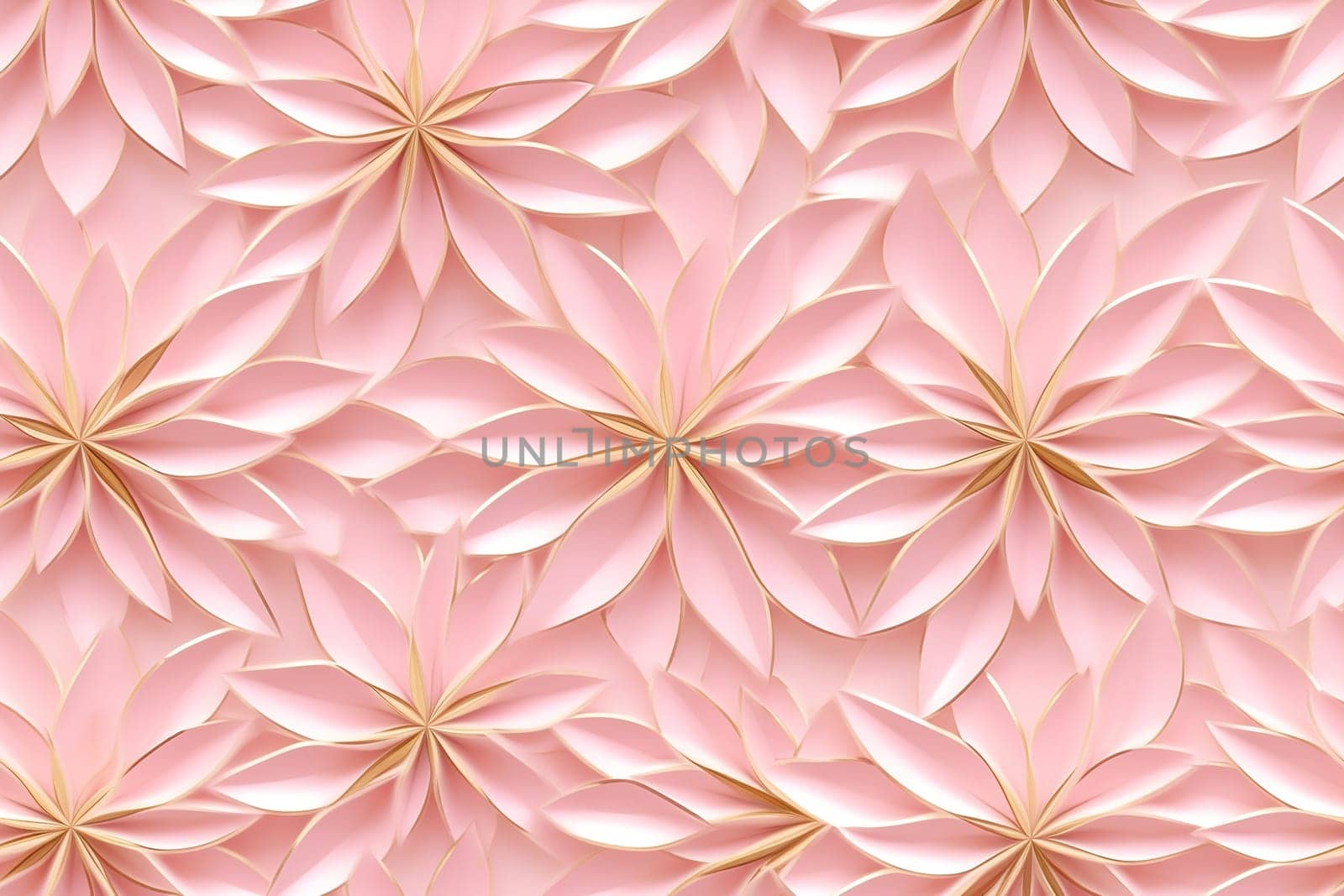 Seamless pattern with abstract golden flowers. Applicable for fabric print, textile, wrapping paper, wallpaper. Pink background with shiny elements. Repeatable texture. Generative AI. by creativebird