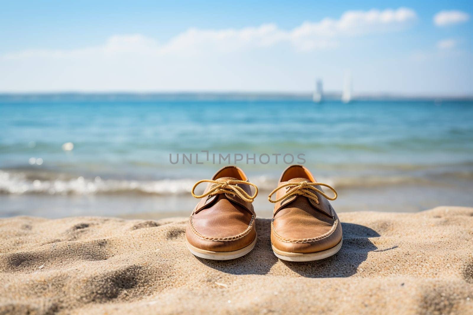 Men's shoes on the sand on the beach near the blue sea. Summer vacation concept by the sea.