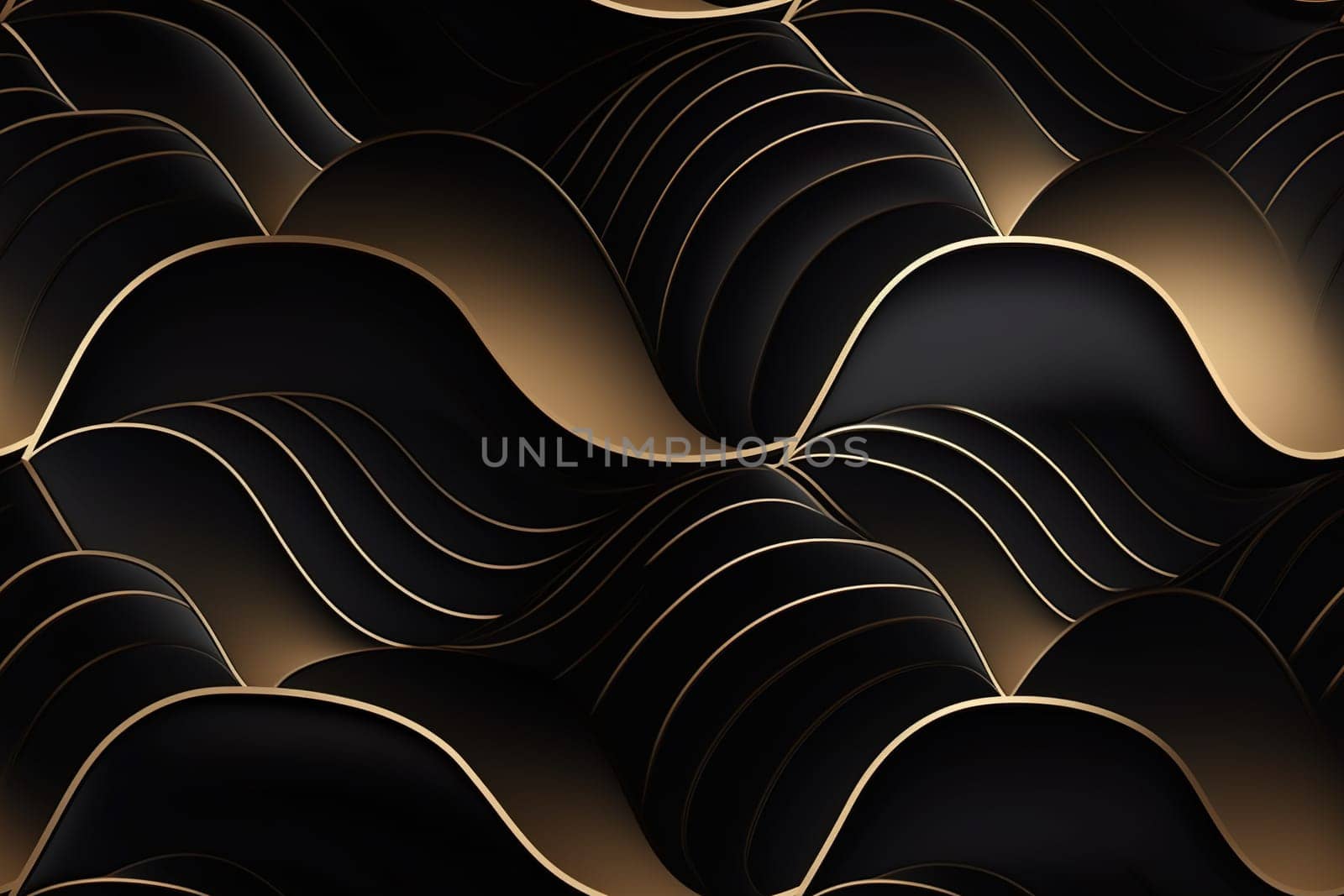 Black seamless pattern with abstract waves. Applicable for fabric print, textile, wrapping paper, wallpaper. Dark background with golden splines. Repeatable texture. Generative AI. by creativebird