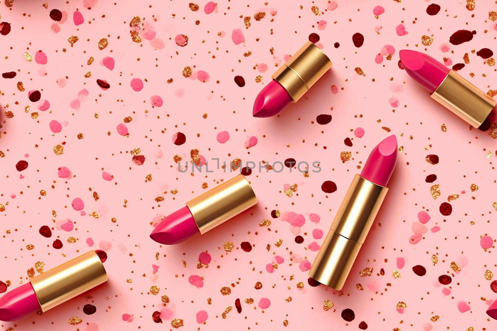 Pink seamless pattern with glitter and women lipsticks. Applicable for fabric print, textile, wrapping paper, wallpaper. Trendy background with woman's cosmetic. Repeatable texture. Generative AI. by creativebird