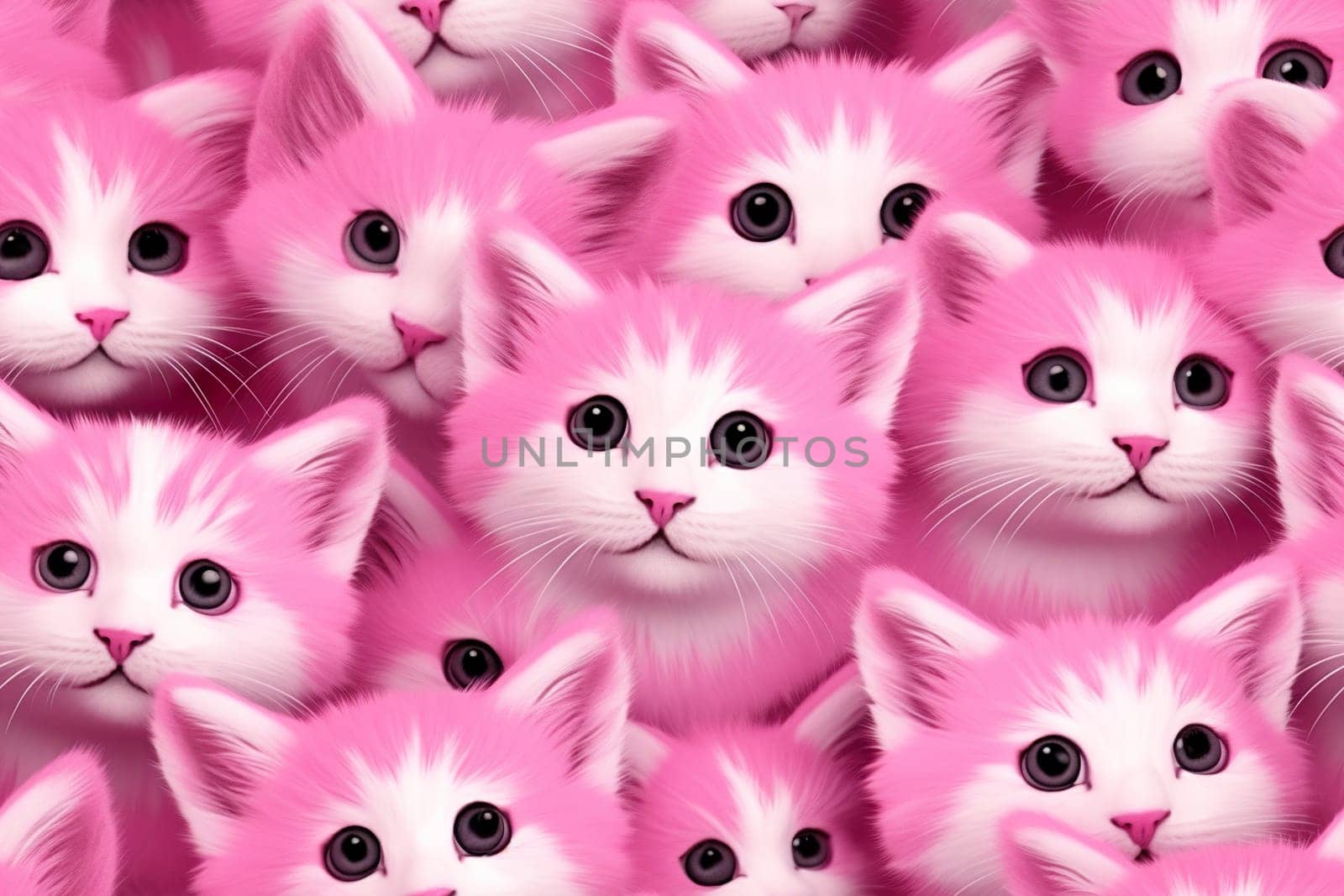 Pink seamless pattern with fluffy kitties. Applicable for fabric print, textile, wrapping paper, wallpaper. Cute background with cats. Girls style. Repeatable texture. Generative AI