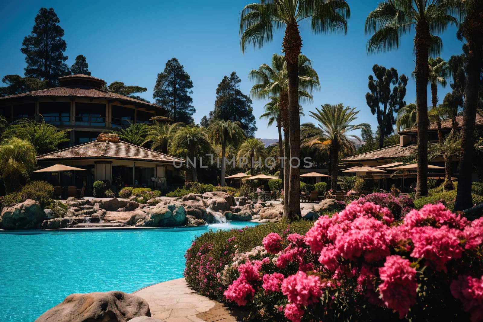 View of a beautiful hotel with a large swimming pool and pink flowers on the premises. Luxury travel vacation.