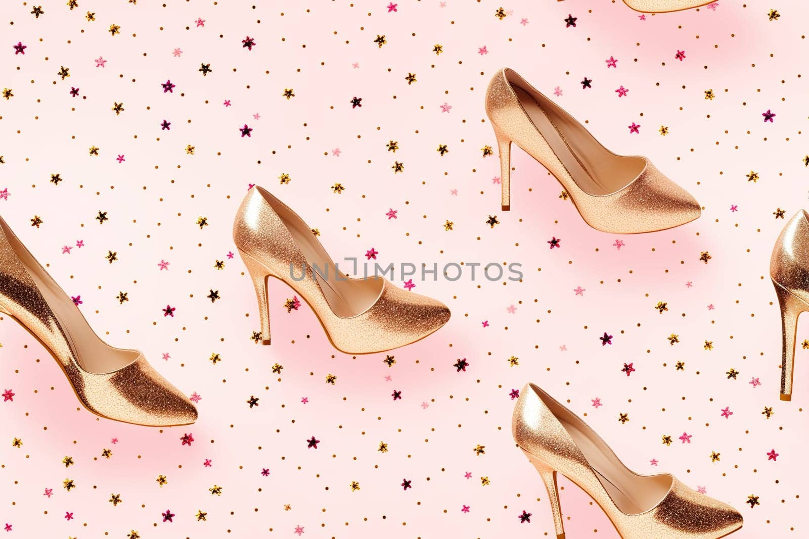 Pink seamless pattern with glitter and women high heels. Applicable for fabric print, textile, wrapping paper, wallpaper. Trendy background with woman's accessories. Repeatable texture. Generative AI