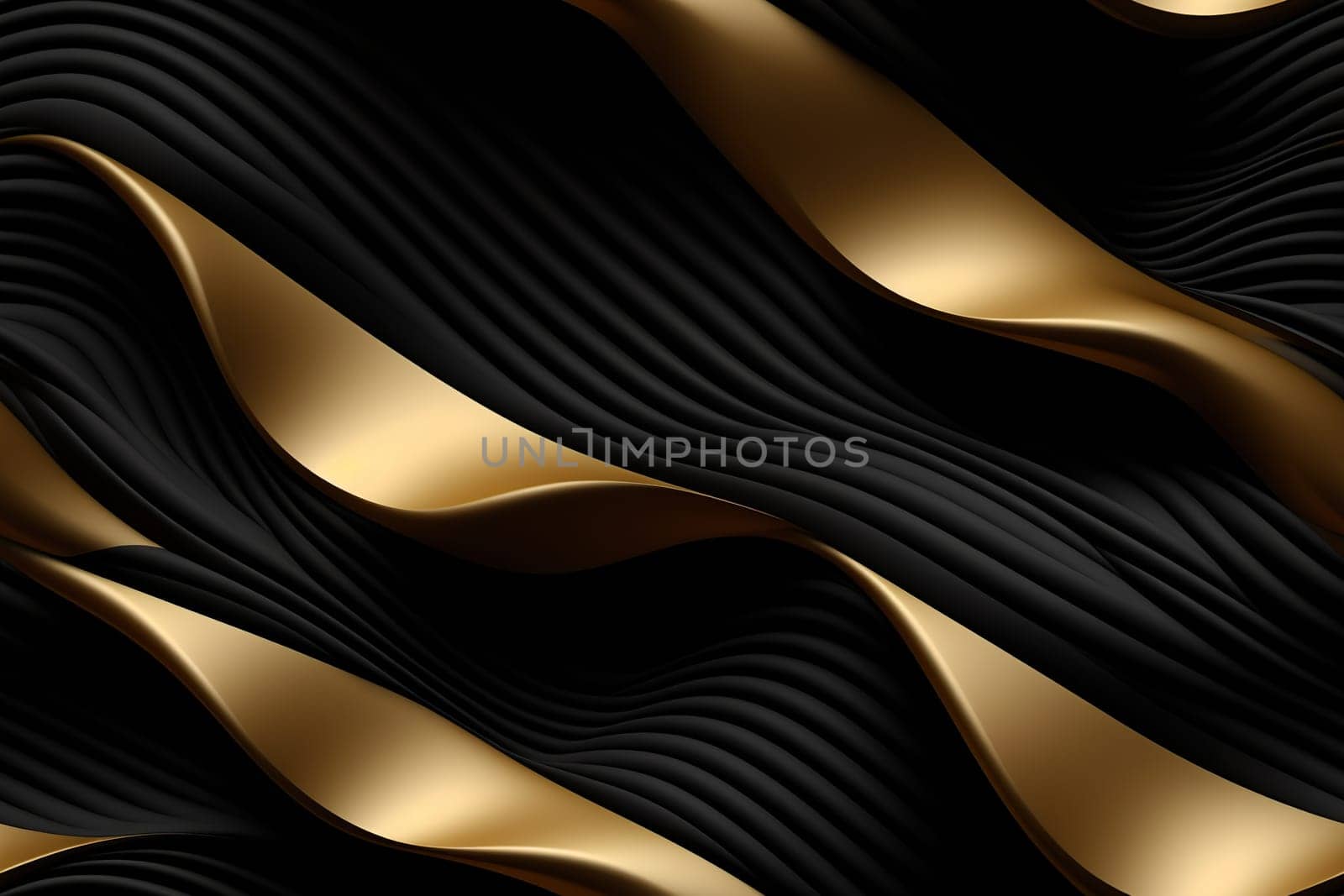 Black seamless pattern with abstract waves. Applicable for fabric print, textile, wrapping paper, wallpaper. Dark background with golden splines. Repeatable texture. Generative AI